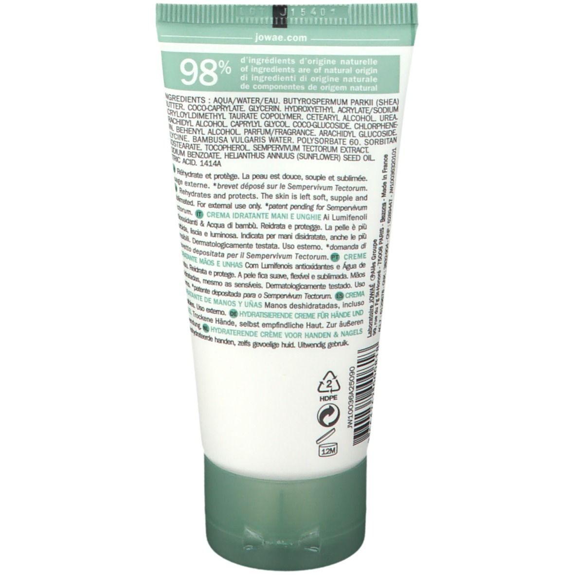 Achterkant van een witte tube met groene accenten. Tekst: Ingrediënten, 98% ingrediënten van natuurlijke oorsprong.