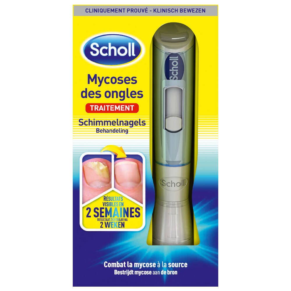Emballage Scholl avec produit et applicateur. Inscription : Mycoses des ongles, traitement. Résultats visibles en 2 semaines.