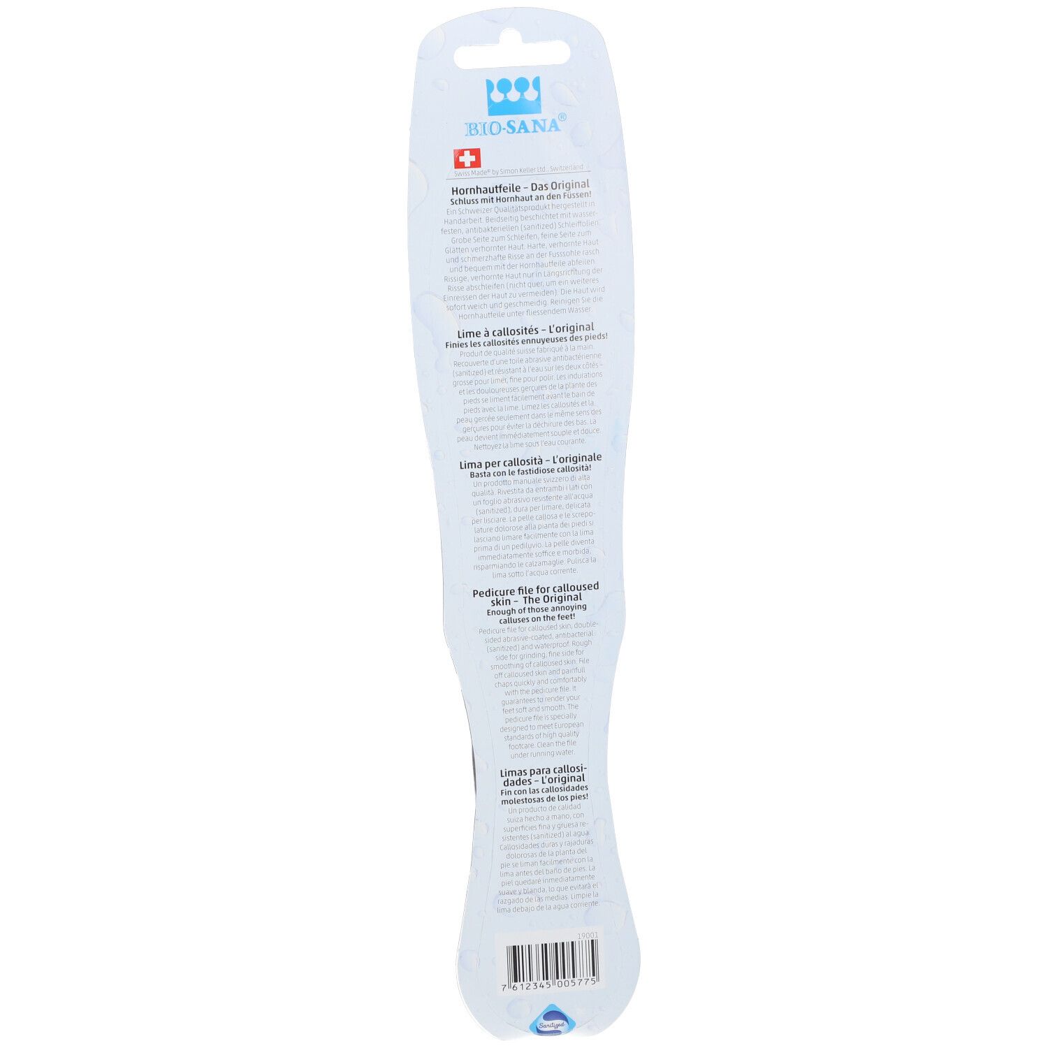 Rückseite der Hornhautfeile in Verpackung. Text: BIO-SANA®, Produktname, Anwendungshinweise.