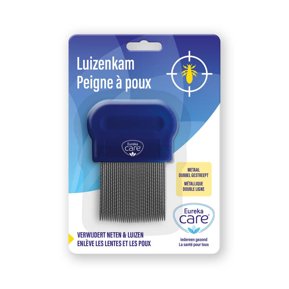 Péigne à poux Eureka Care, bleu et argenté, en emballage. Dents métalliques doubles, manche plastique. Présentation avec logo et texte.