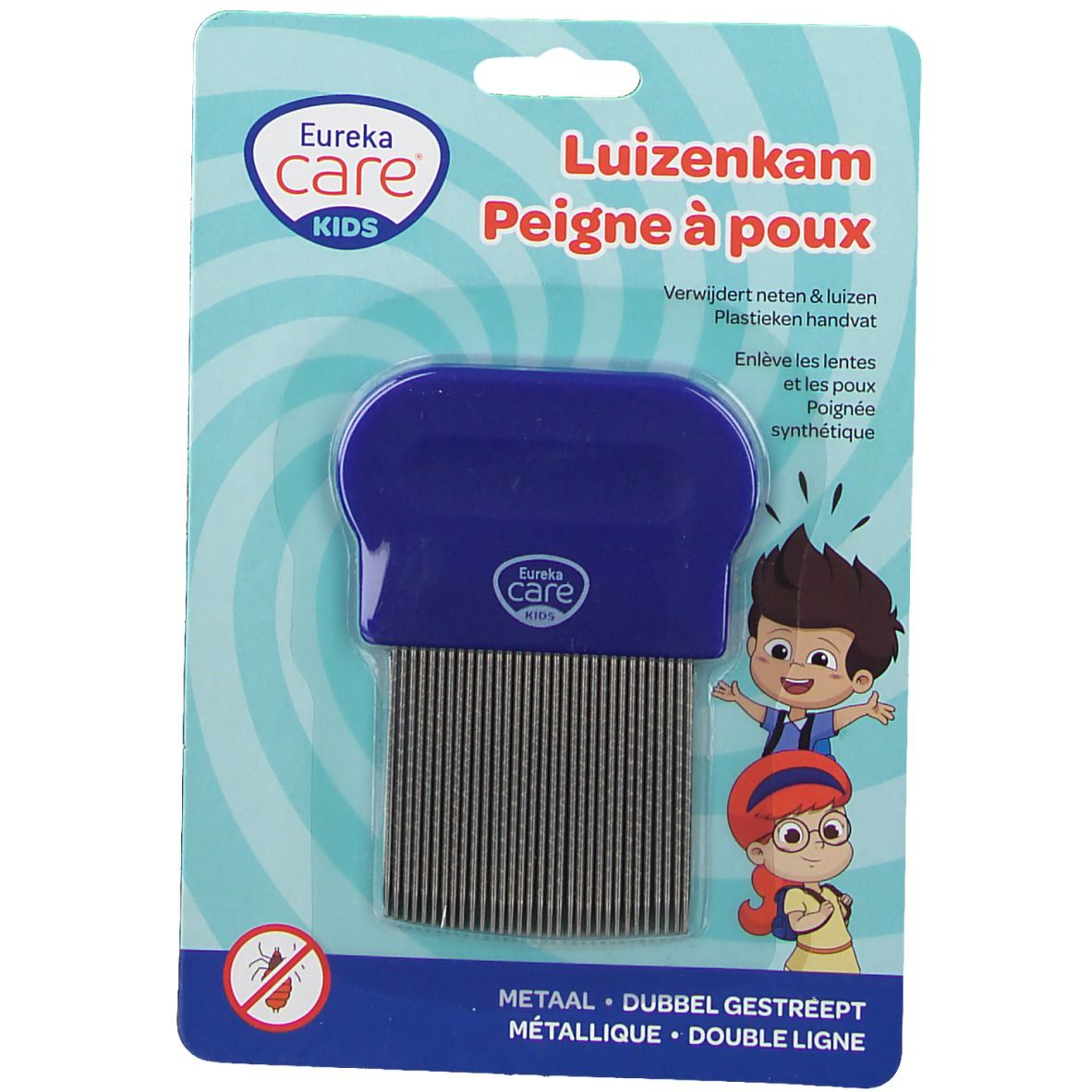 Péigne à poux Eureka Care Kids, bleu et argenté, en emballage. Dents métalliques doubles, manche plastique. Présentation avec personnages de dessins animés.