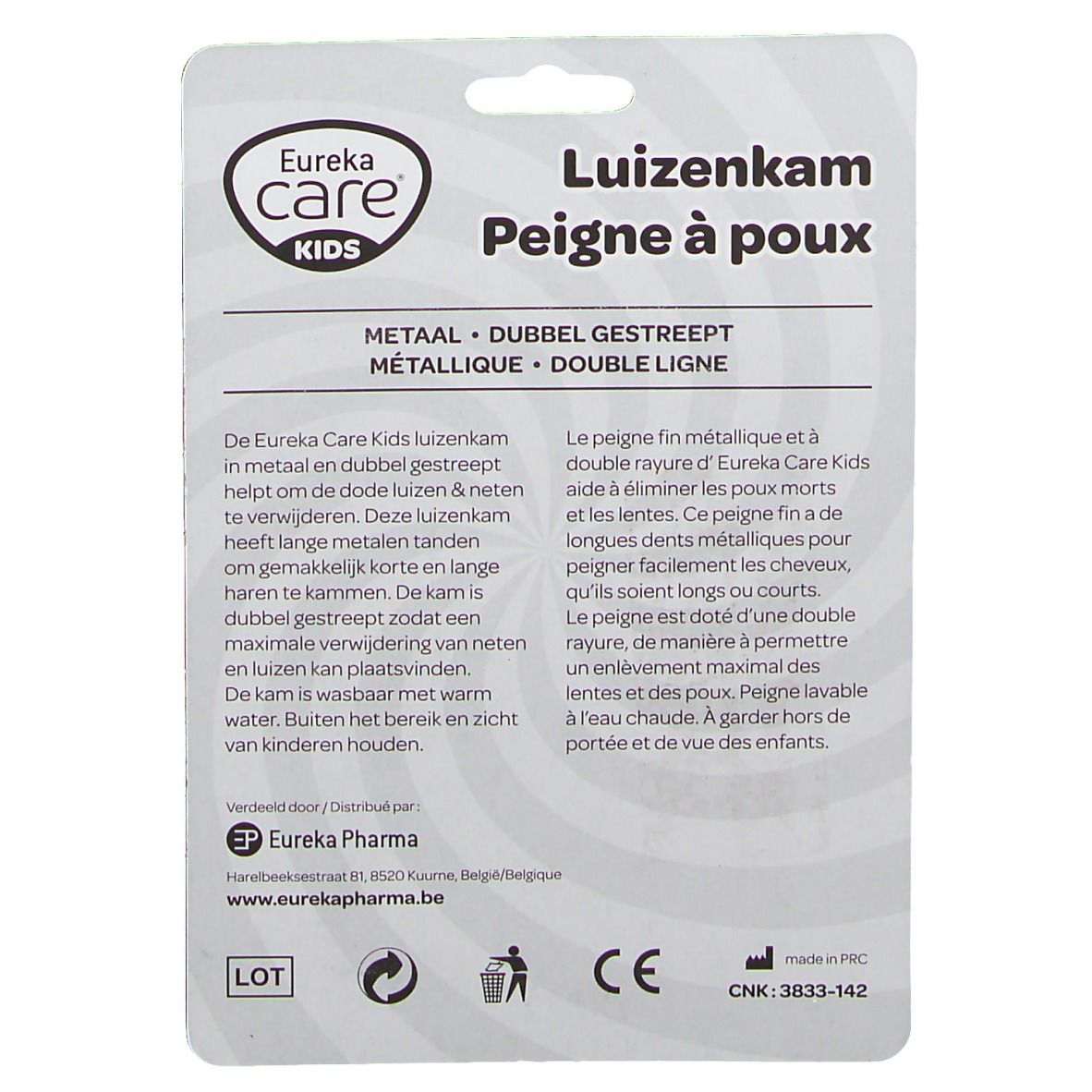 Dos de l'emballage du peigne à poux pour enfants. Texte en allemand, français et néerlandais. Marque : Eureka Care Kids. Informations sur le produit.