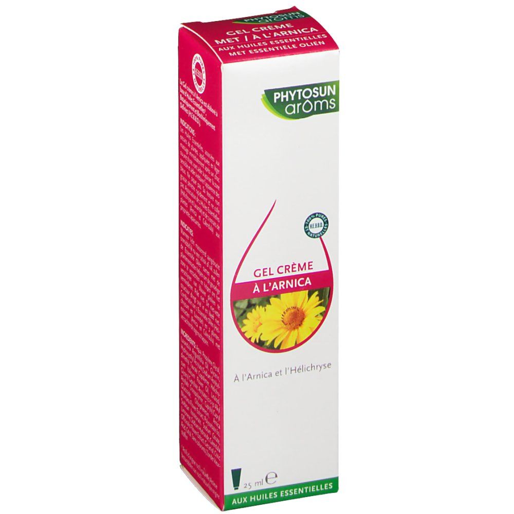 Boîte avec logo et nom du produit. Gel Crème à l'Arnica, image de fleurs. 25 ml.