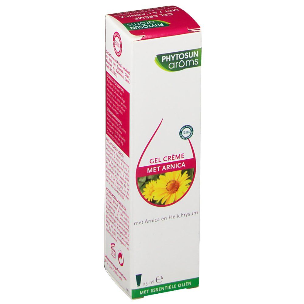 Boîte avec logo et nom du produit. Gel Crème Met Arnica, image de fleurs. 25 ml.