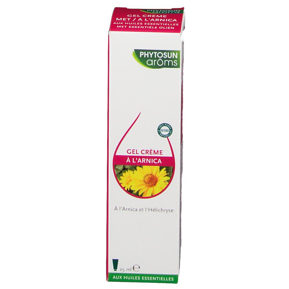 Boîte avec logo et nom du produit. Gel Crème à l'Arnica, image de fleurs. 25 ml.