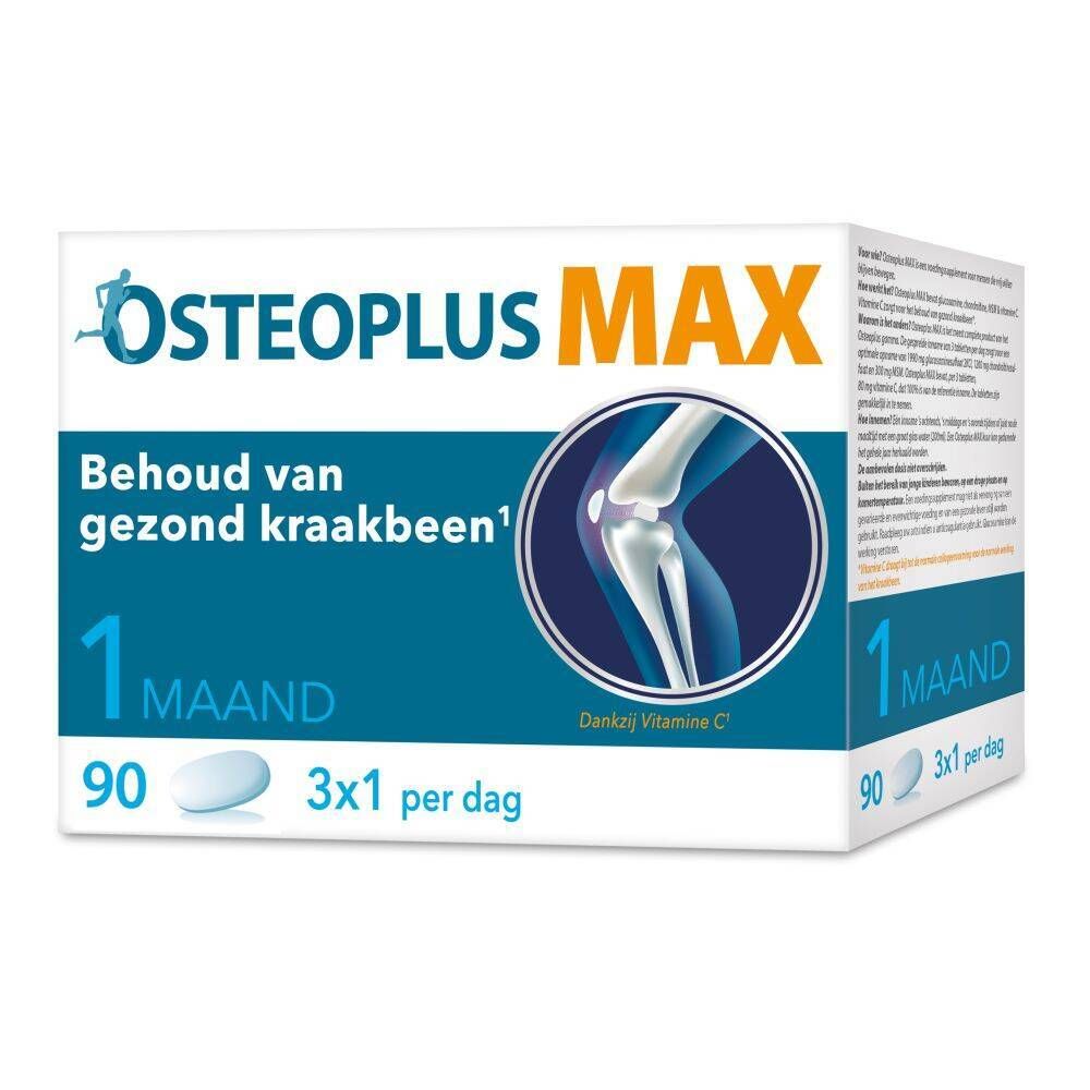 Osteoplus MAX-verpakking. Bevat 90 tabletten. Opschrift: 1 maand, 3x per dag.
