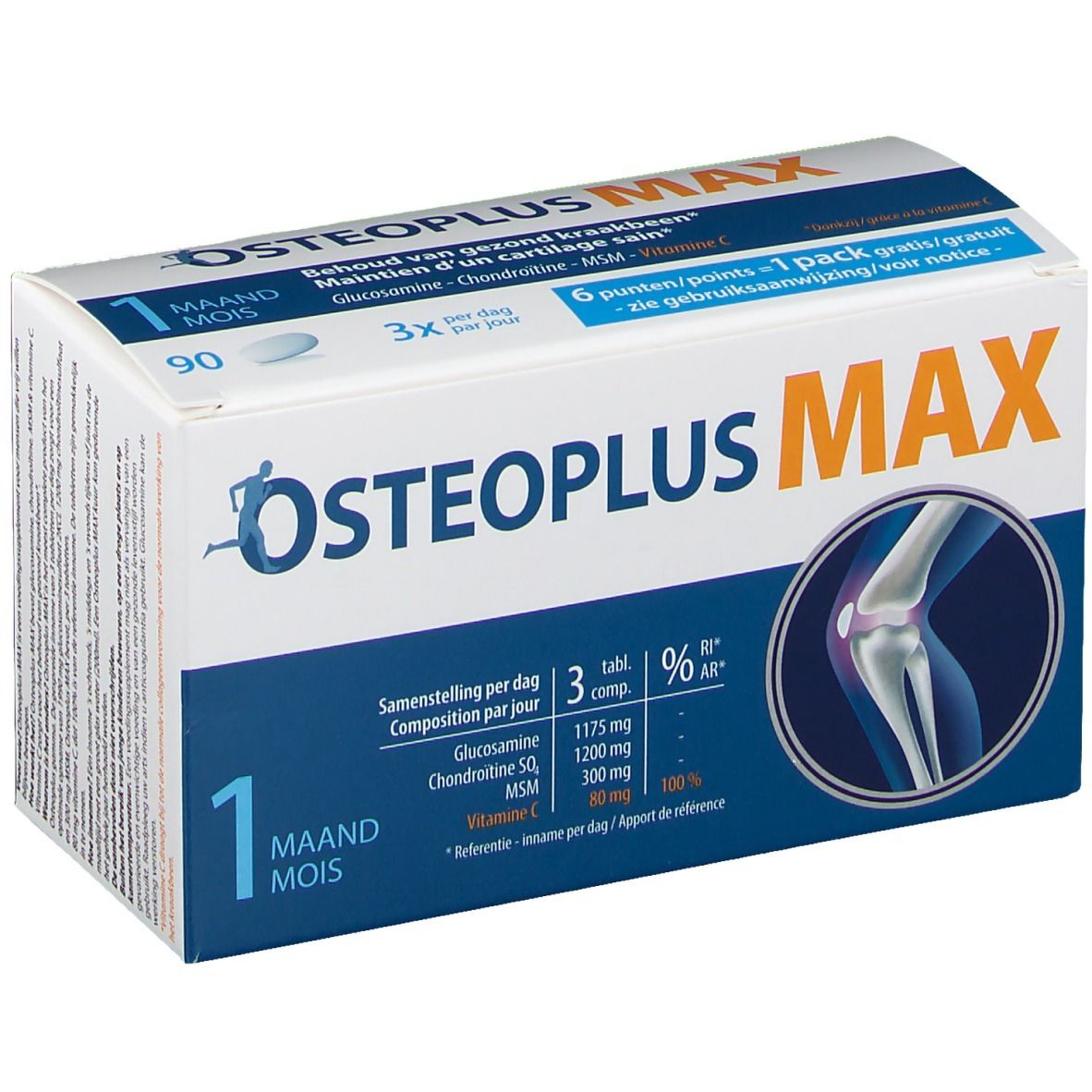Osteoplus MAX-verpakking. Bevat 90 tabletten. Opschrift: 1 maand, 3x per dag. Afbeelding: knie.