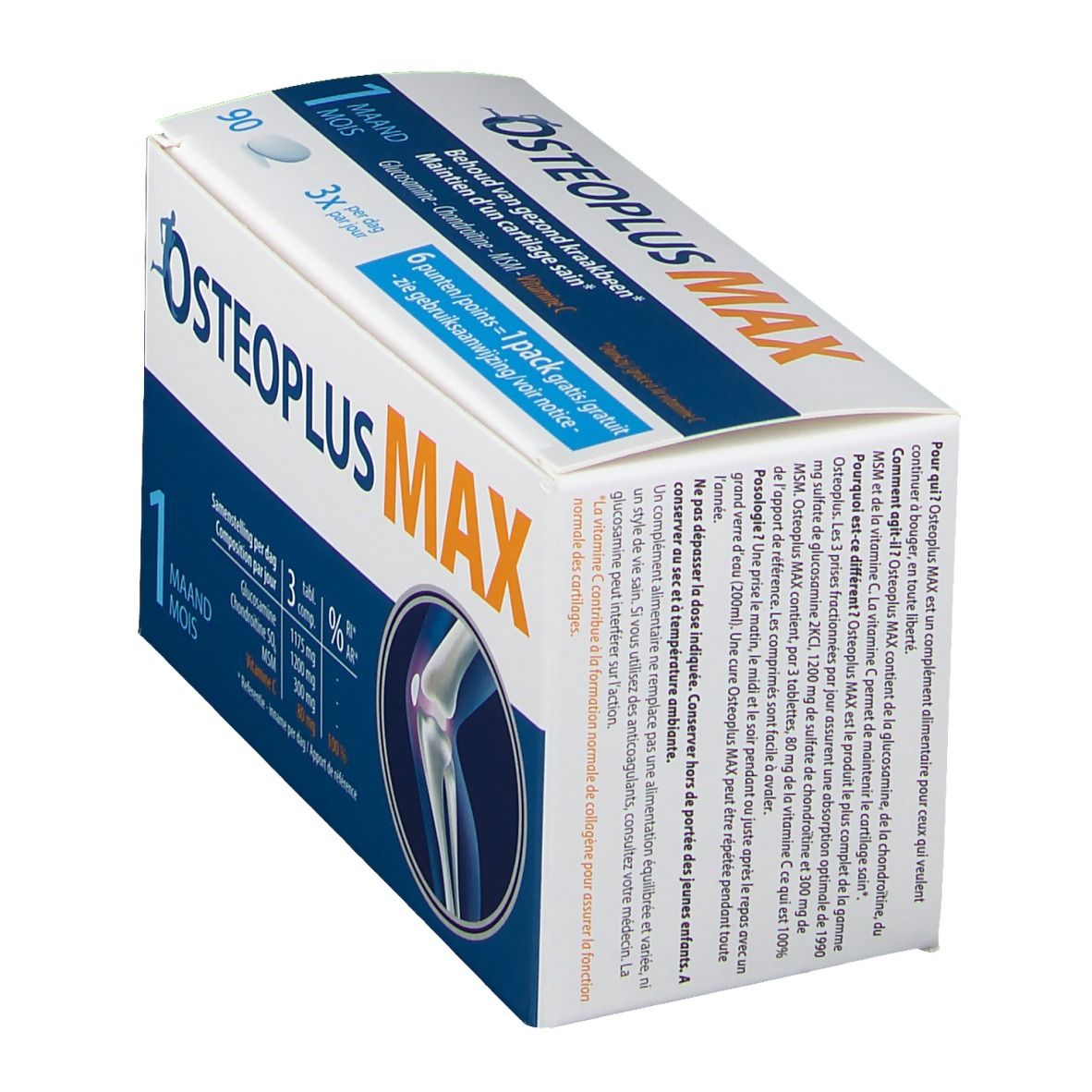 Illustratie: samenstelling van Osteoplus MAX. Ingrediënten: chondroïtine, glucosamine, MSM, vitamine C.