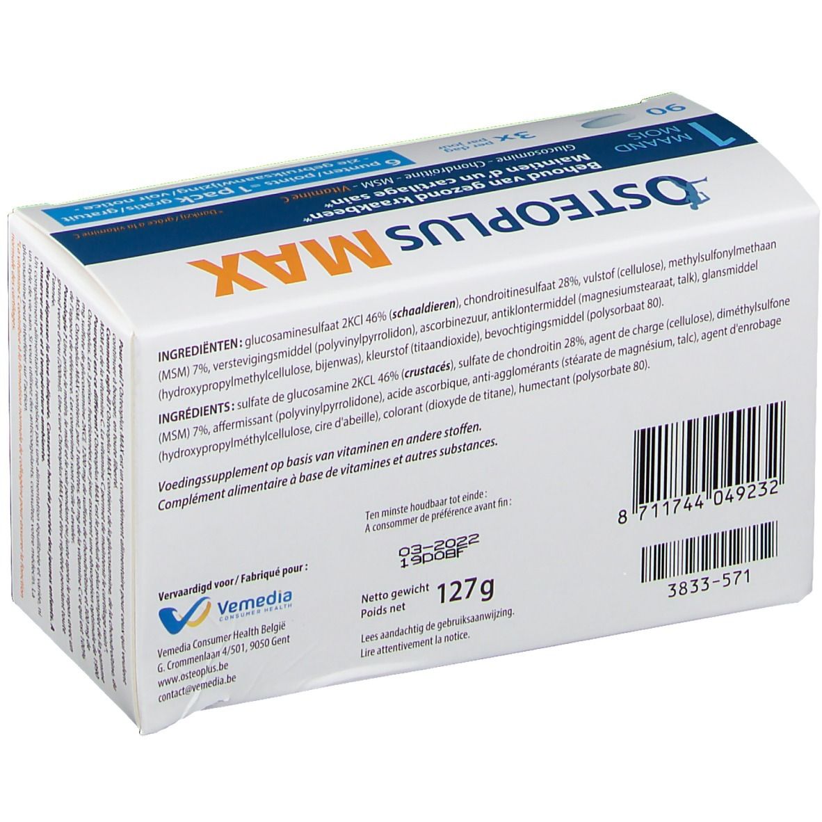 Illustratie: hoe Osteoplus MAX innemen. 3 tabletten per dag, met water, bij de maaltijd.