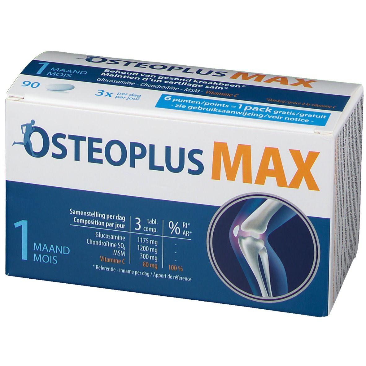 Osteoplus MAX-verpakking. Bevat 90 tabletten. Opschrift: 1 maand, 3x per dag. Afbeelding: knie.