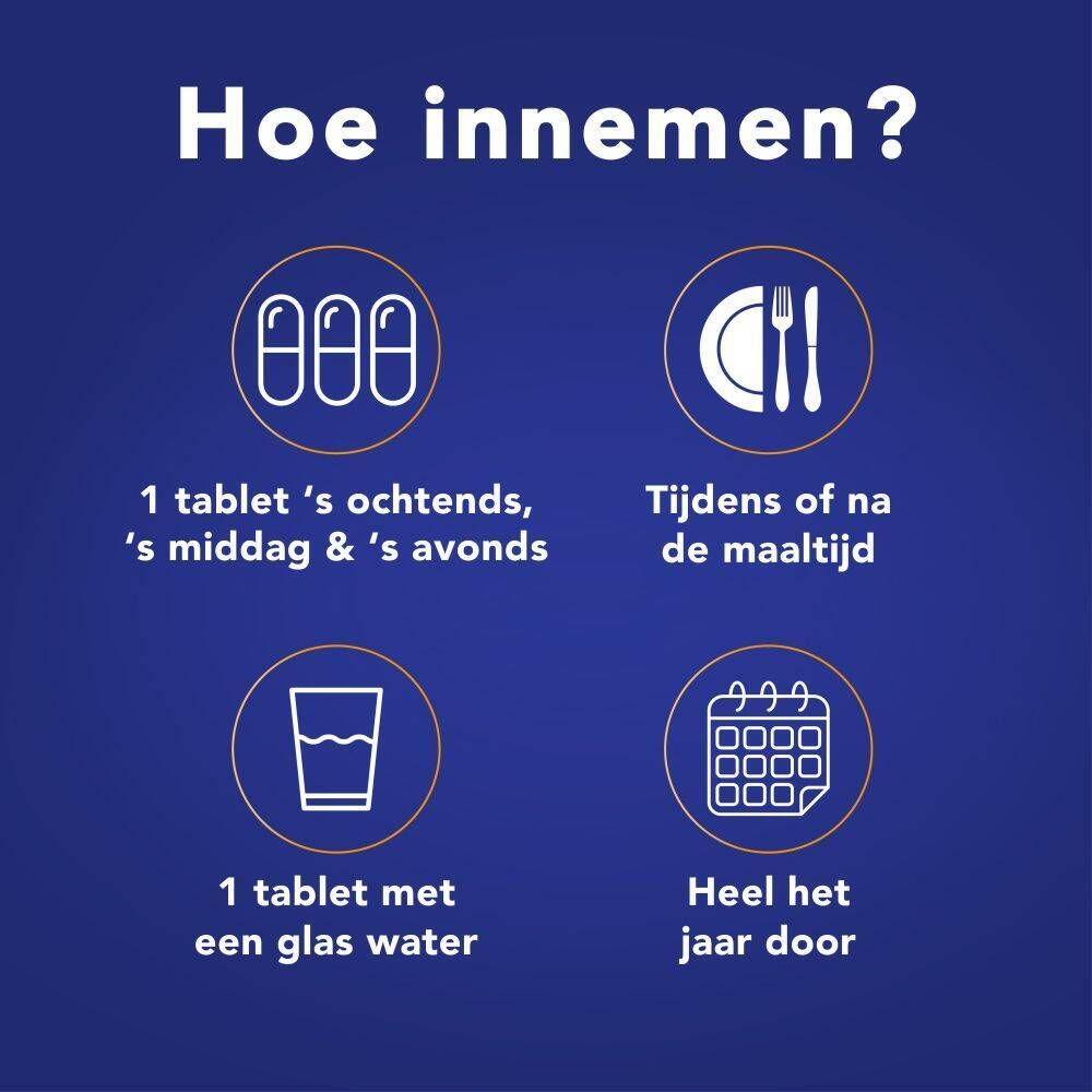 Illustratie: hoe Osteoplus MAX innemen. 3 tabletten per dag, met water, bij de maaltijd.