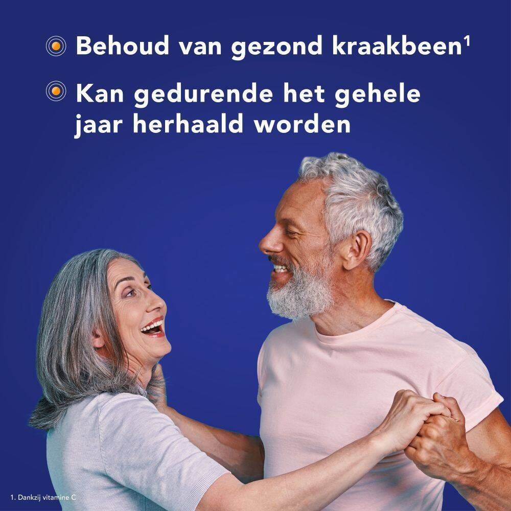 Dansend paar. Tekst: Kan het hele jaar herhaald worden. Osteoplus MAX-verpakking op de achtergrond.