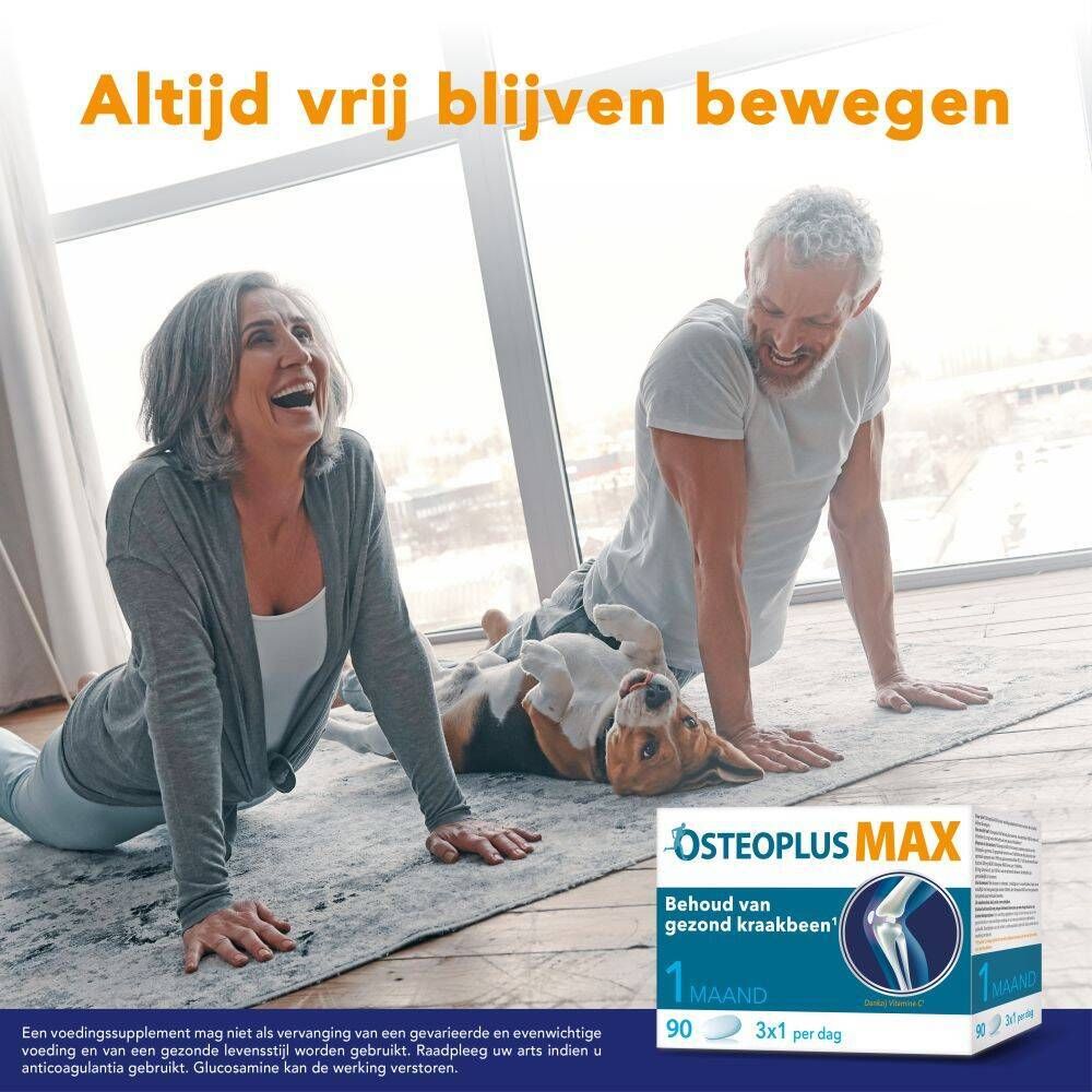 Koppel yoga. Hond. Osteoplus MAX-verpakking. Tekst: Blijf vrij bewegen.