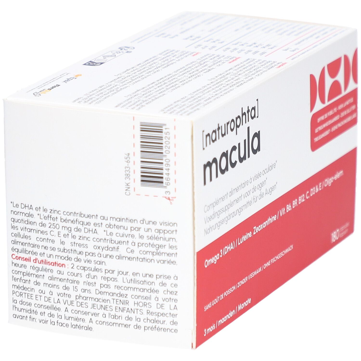 Weißer Karton mit roter Schrift. Aufschrift: [naturophta] macula. Enthält 180 Kapseln. Zusatzstoffe: Omega 3, Lutein, Zeaxanthin, Vitamine.
