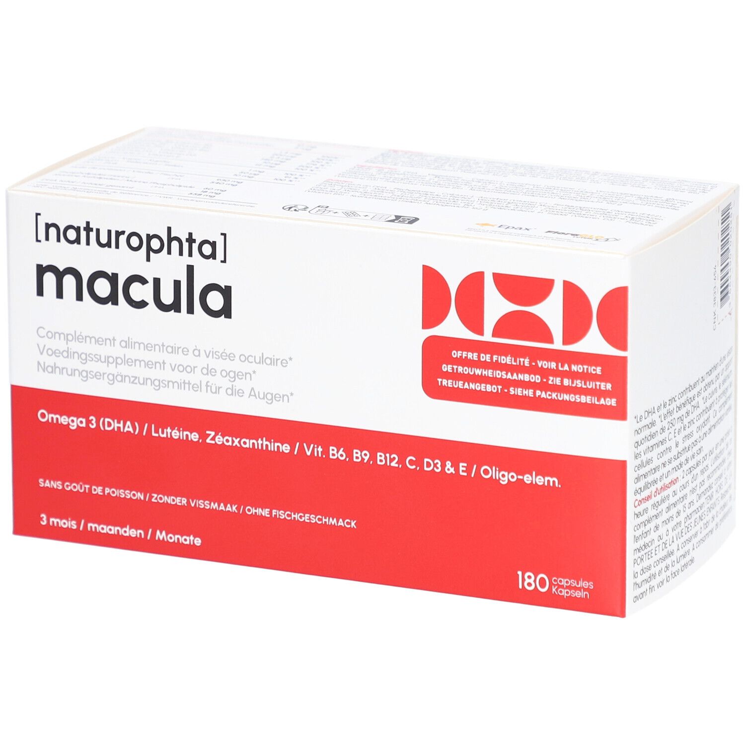 Weißer Karton mit roter Schrift. Aufschrift: [naturophta] macula. Enthält 180 Kapseln. Zusatzstoffe: Omega 3, Lutein, Zeaxanthin, Vitamine.