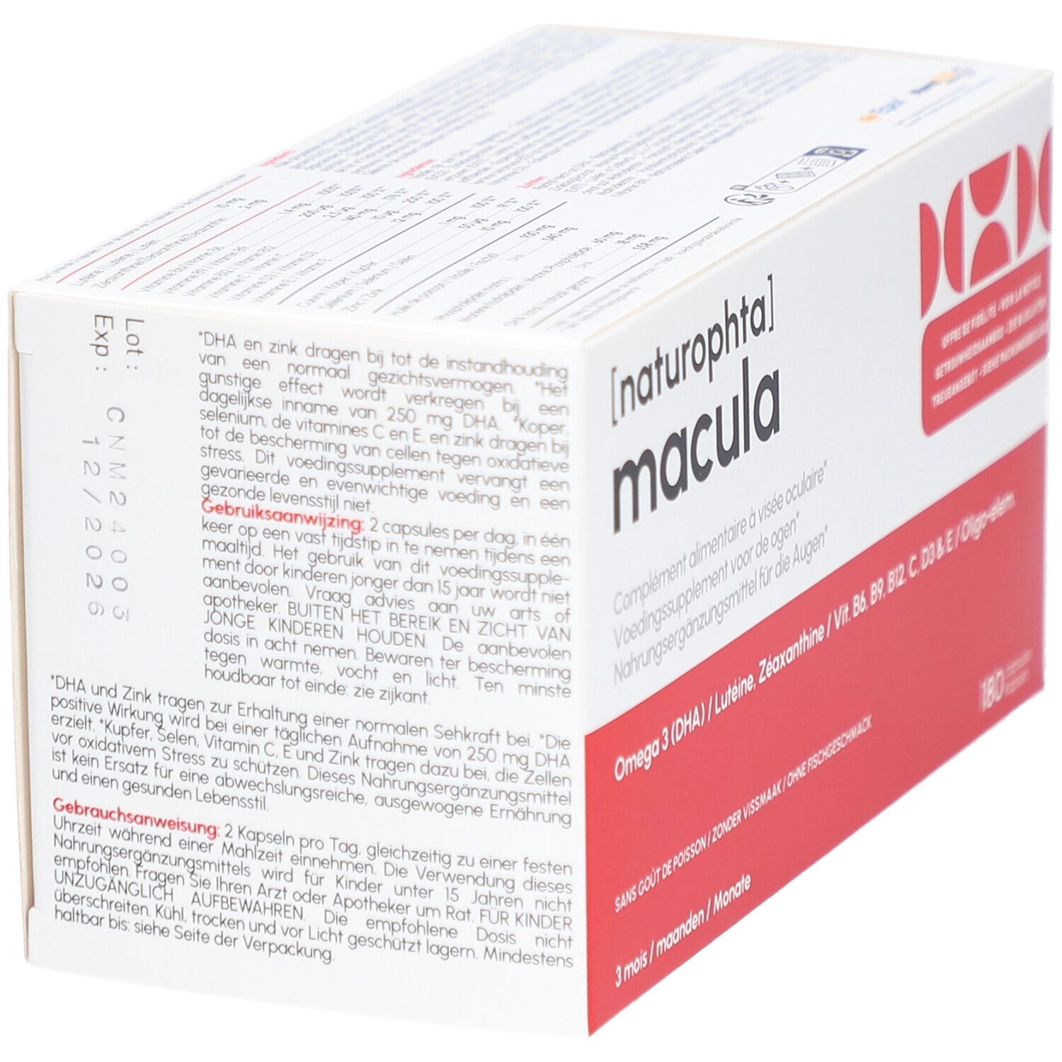 Weißer Karton mit roter Schrift. Aufschrift: [naturophta] macula. Enthält 180 Kapseln. Zusatzstoffe: Omega 3, Lutein, Zeaxanthin, Vitamine.