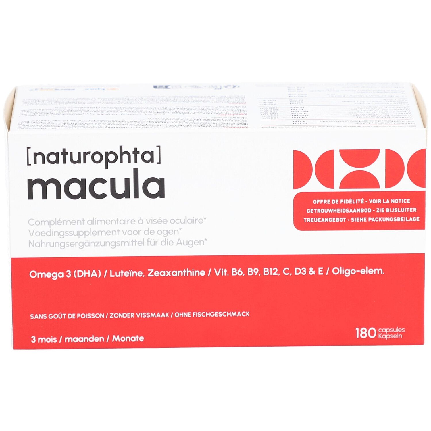Weißer Karton mit roter Schrift. Aufschrift: [naturophta] macula. Enthält 180 Kapseln. Zusatzstoffe: Omega 3, Lutein, Zeaxanthin, Vitamine.
