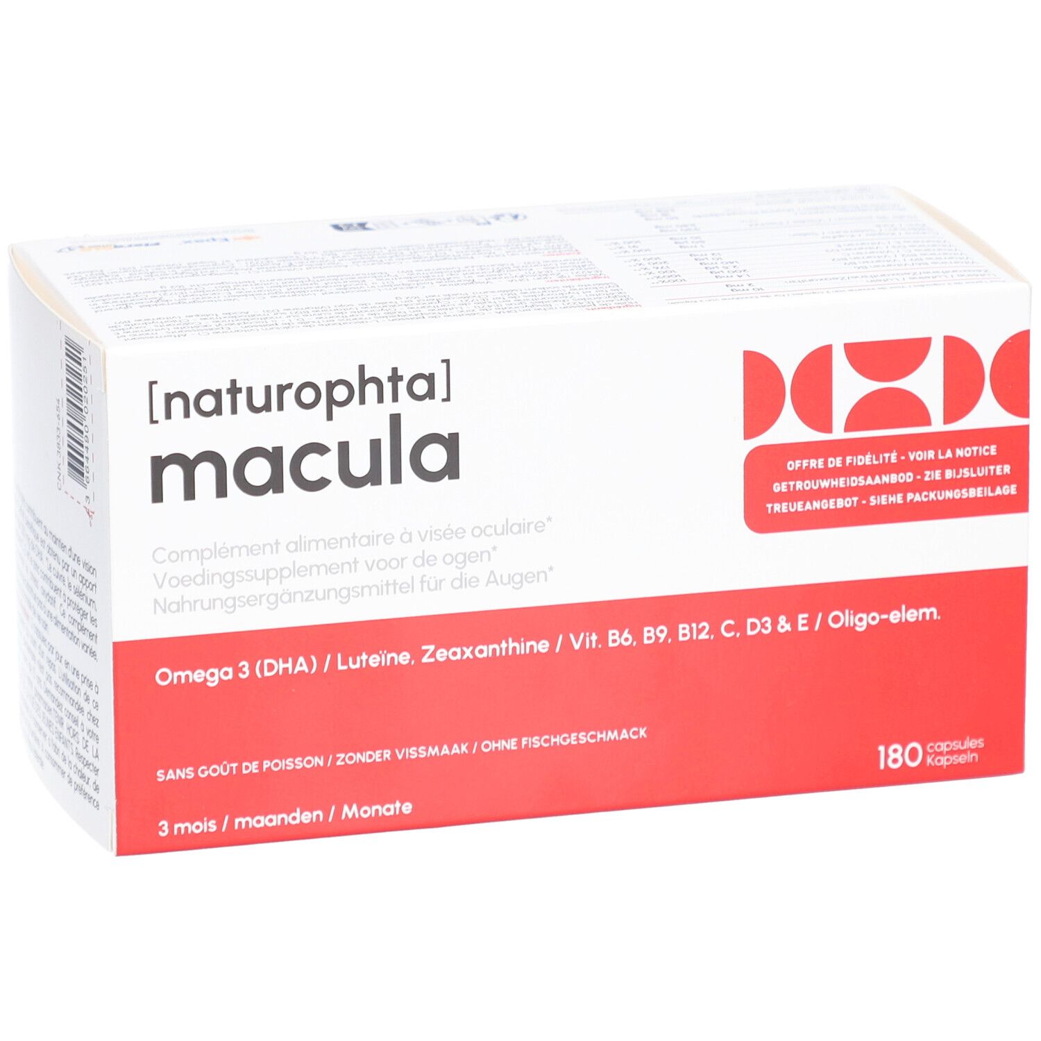 Weißer Karton mit roter Schrift. Aufschrift: [naturophta] macula. Enthält 180 Kapseln. Zusatzstoffe: Omega 3, Lutein, Zeaxanthin, Vitamine.