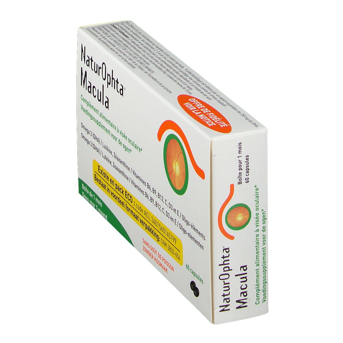 Schachtel NaturOphta Macula, schräg. Enthält 60 Kapseln. Weiße Verpackung mit Produktlogo und Informationen zu Inhaltsstoffen.
