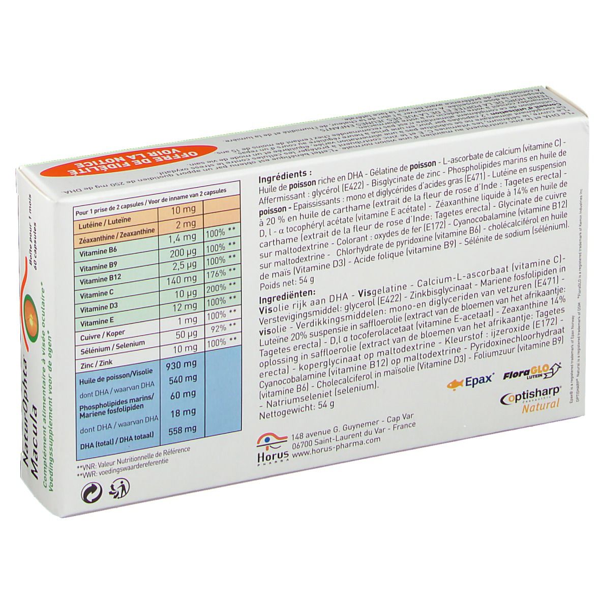 Rückseite der Schachtel NaturOphta Macula. Enthält Informationen zu Inhaltsstoffen, Nährwerten und Hersteller.