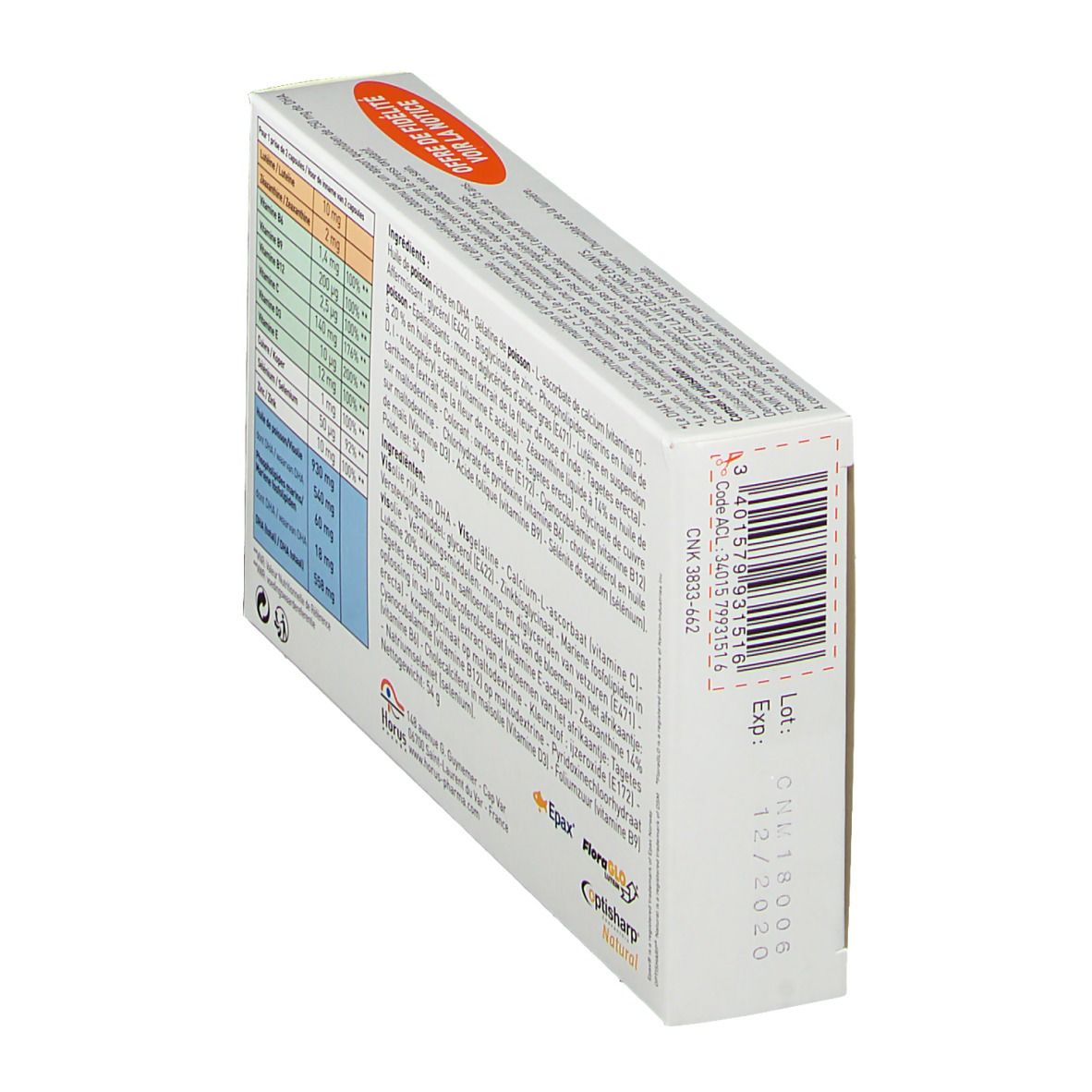 Schachtel NaturOphta Macula, schräg. Zeigt Informationen wie Chargennummer und Verfallsdatum. Weiße Verpackung.