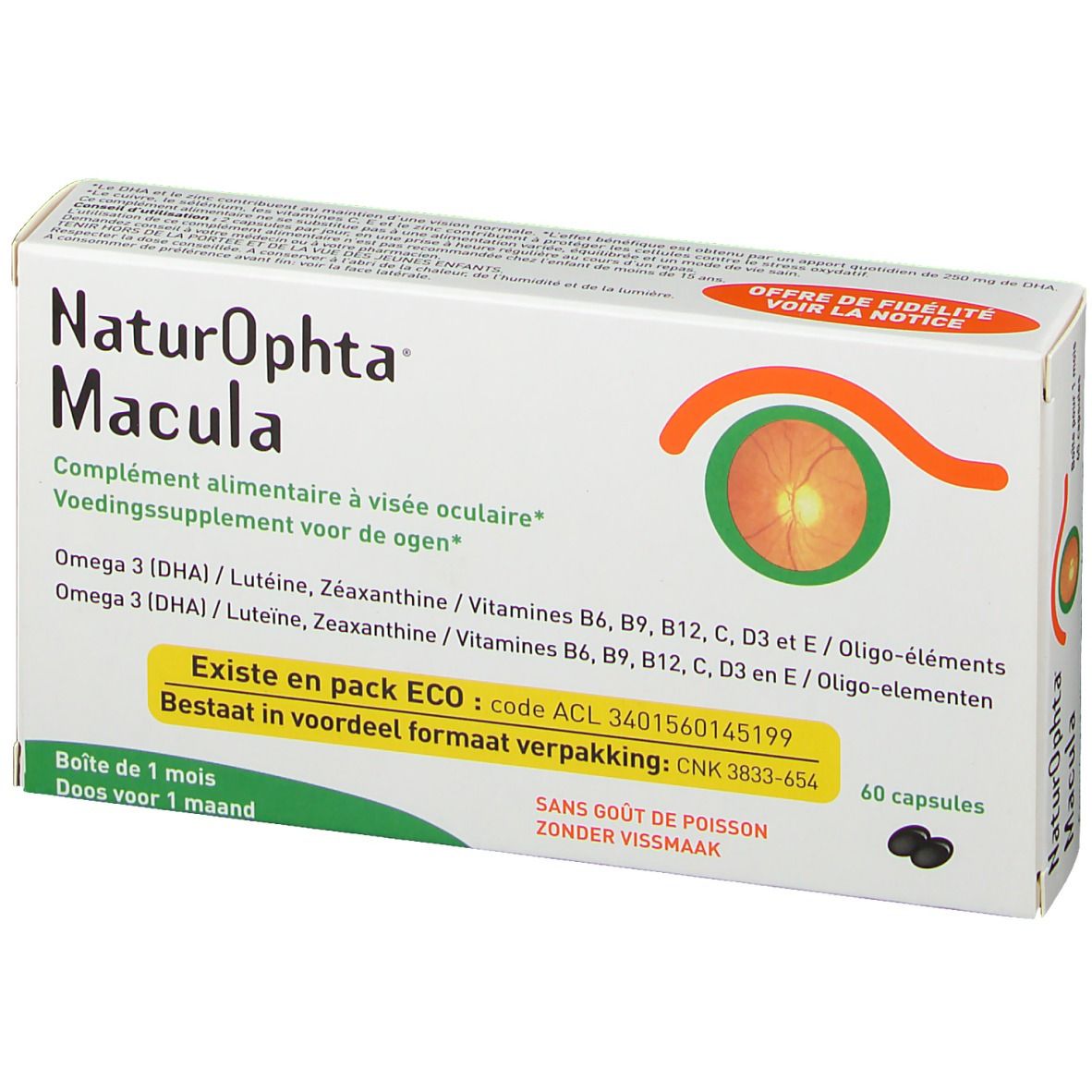 Schachtel NaturOphta Macula mit 60 Kapseln. Enthält Omega 3, Lutein, Zeaxanthin und Vitamine. Weiße Verpackung mit Produktlogo.