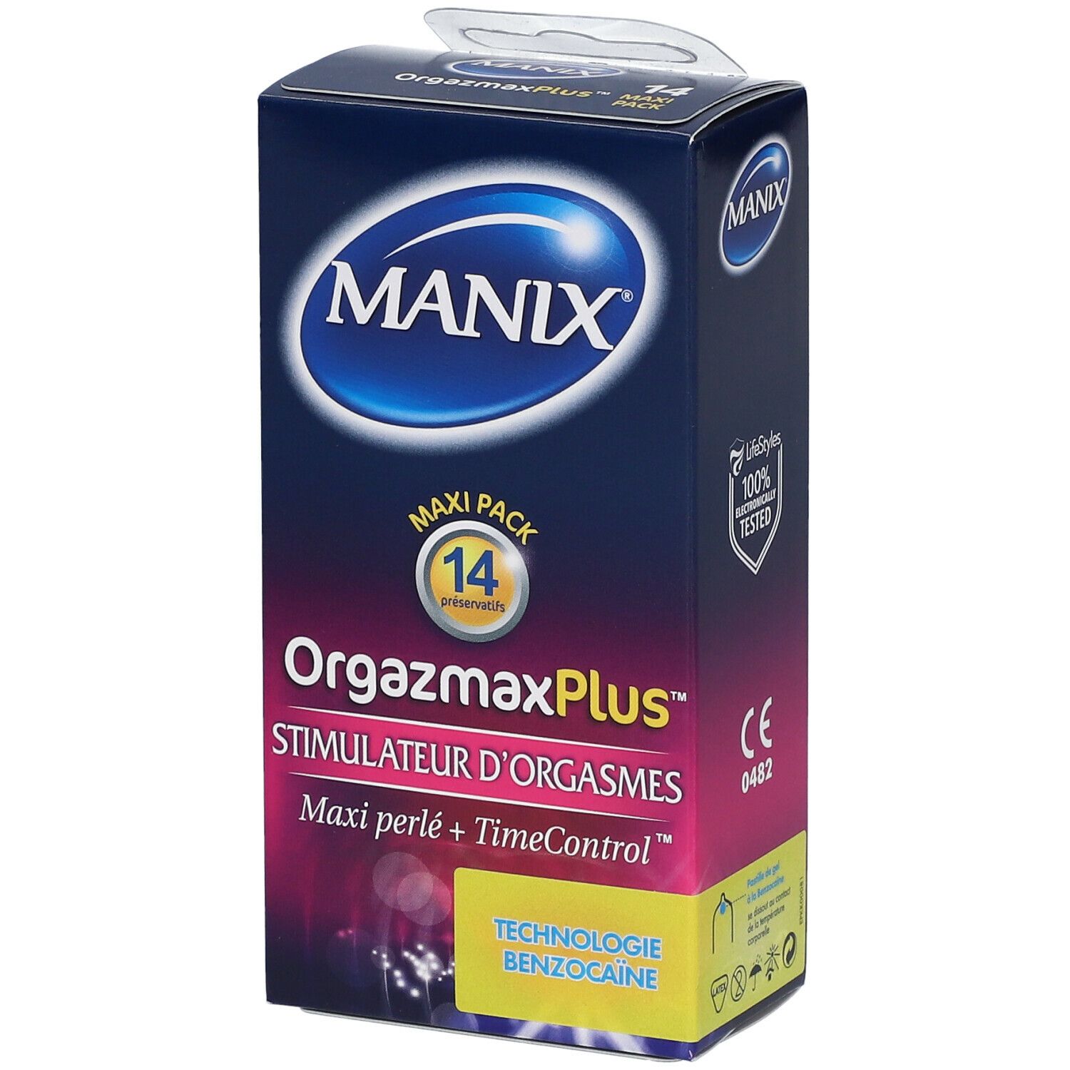 Boîte de préservatifs MANIX® OrgazmaxPlus™. Maxi Pack de 14 préservatifs. Emballage bleu avec nom et logo du produit.