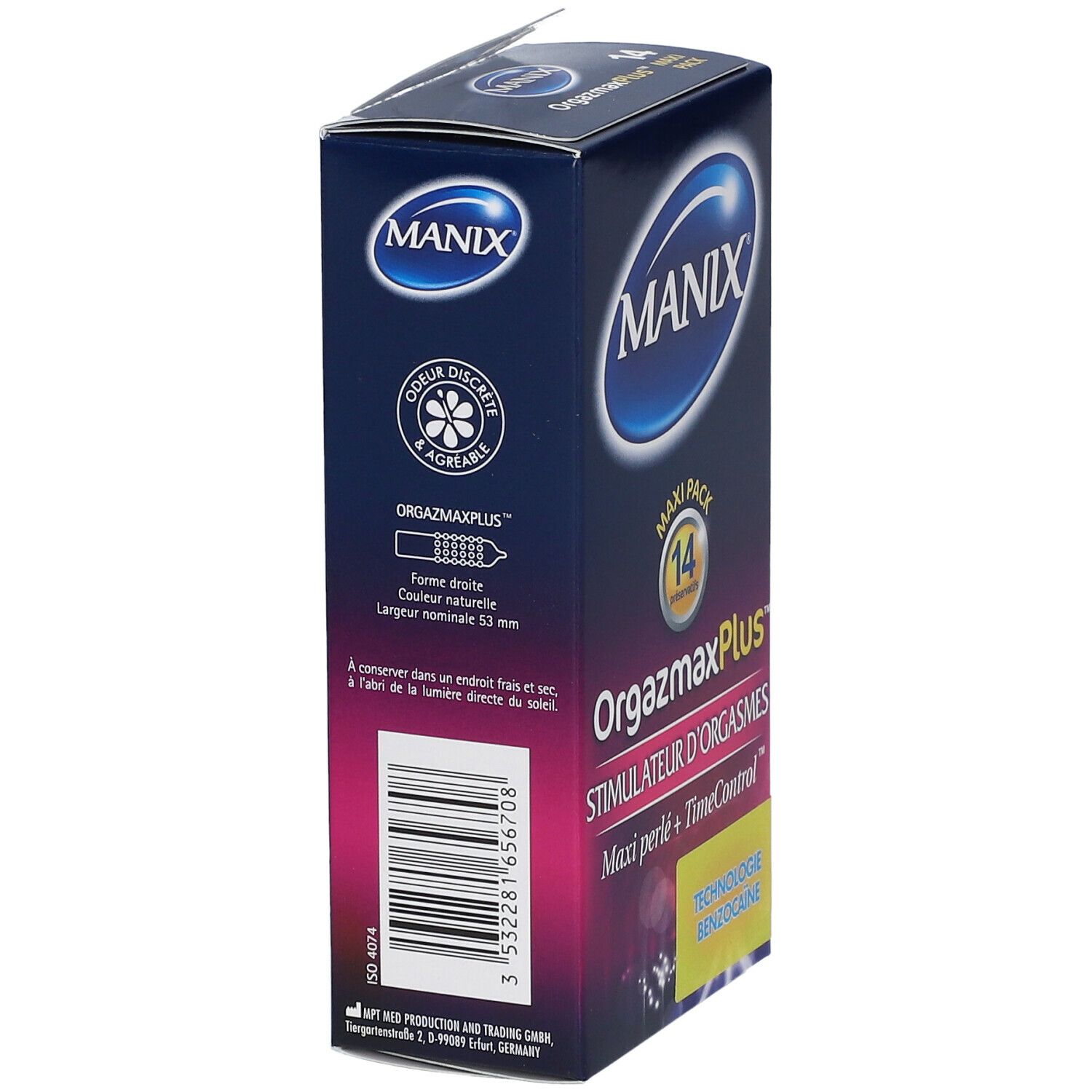 Boîte de préservatifs MANIX® OrgazmaxPlus™. Vue latérale avec informations produit. Contient 14 préservatifs. Emballage bleu et rose.