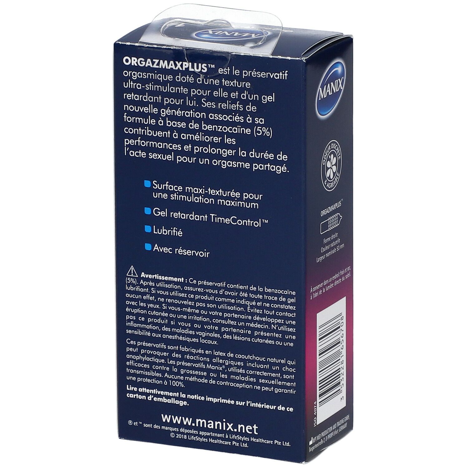 Boîte de préservatifs MANIX® OrgazmaxPlus™. Dos avec description du produit. Contient des informations sur l'utilisation et les ingrédients.