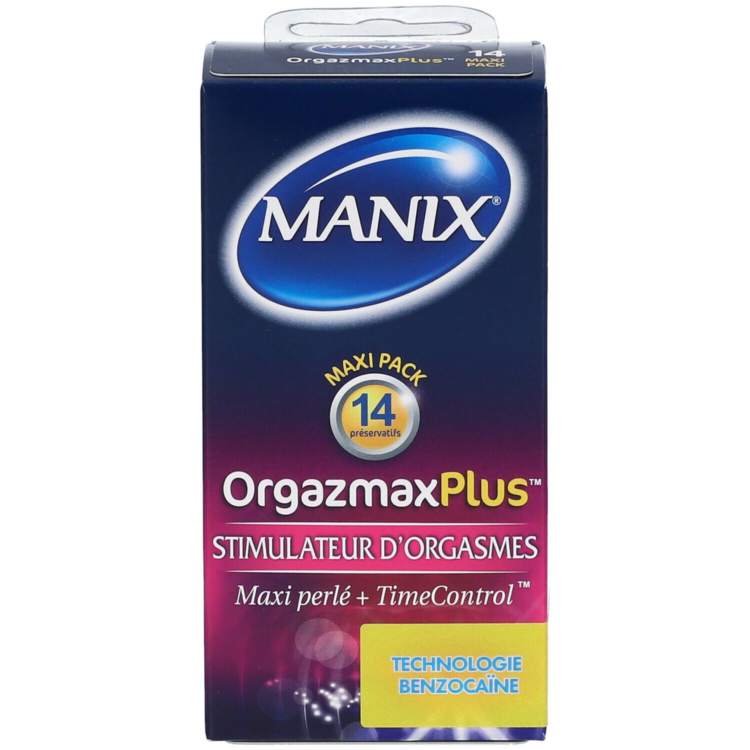 Boîte de préservatifs MANIX® OrgazmaxPlus™. Vue de face avec nom et logo du produit. Maxi Pack de 14 préservatifs.