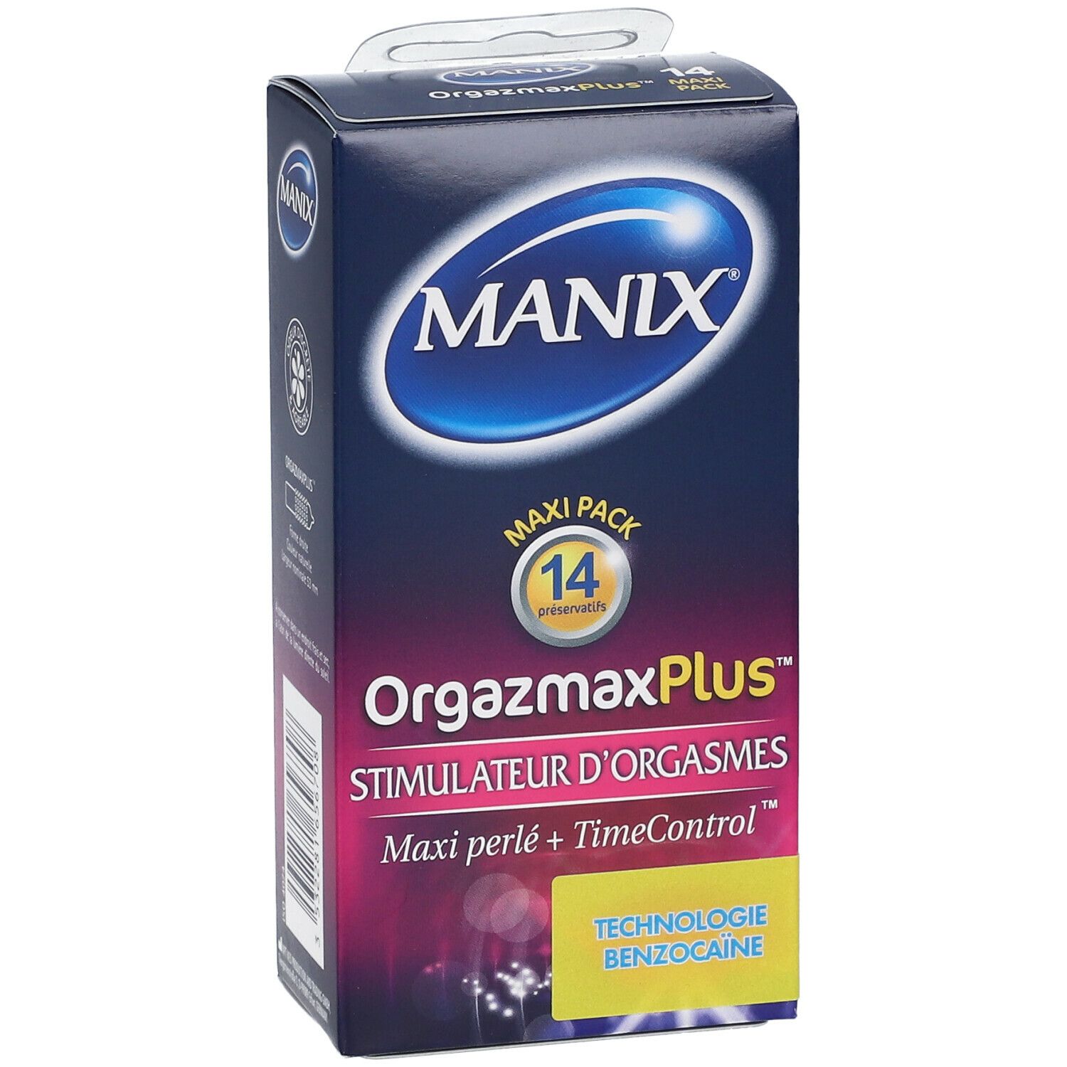 Boîte de préservatifs MANIX® OrgazmaxPlus™. Vue de face avec nom et logo du produit. Maxi Pack de 14 préservatifs.
