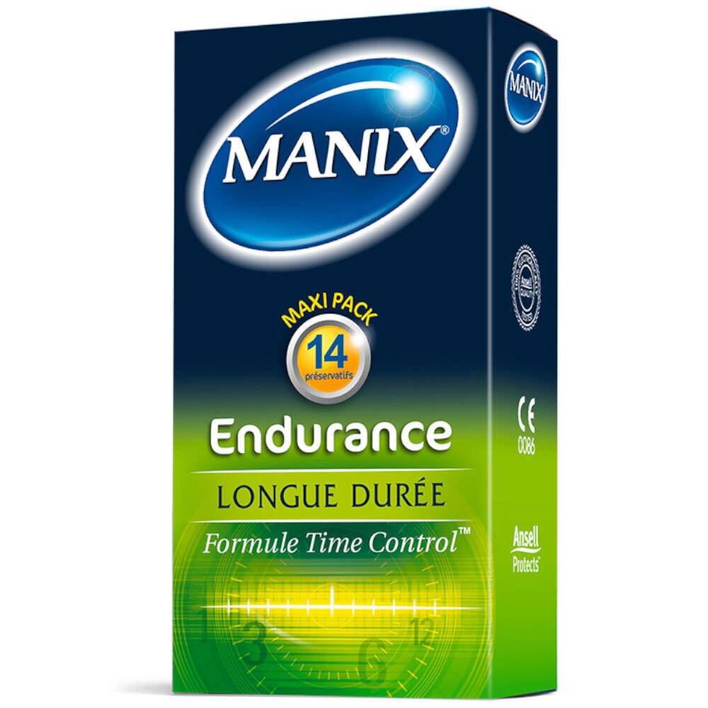 Boîte de préservatifs MANIX® Endurance. Maxi Pack de 14 préservatifs. Inscription : Longue Durée, Time Control.