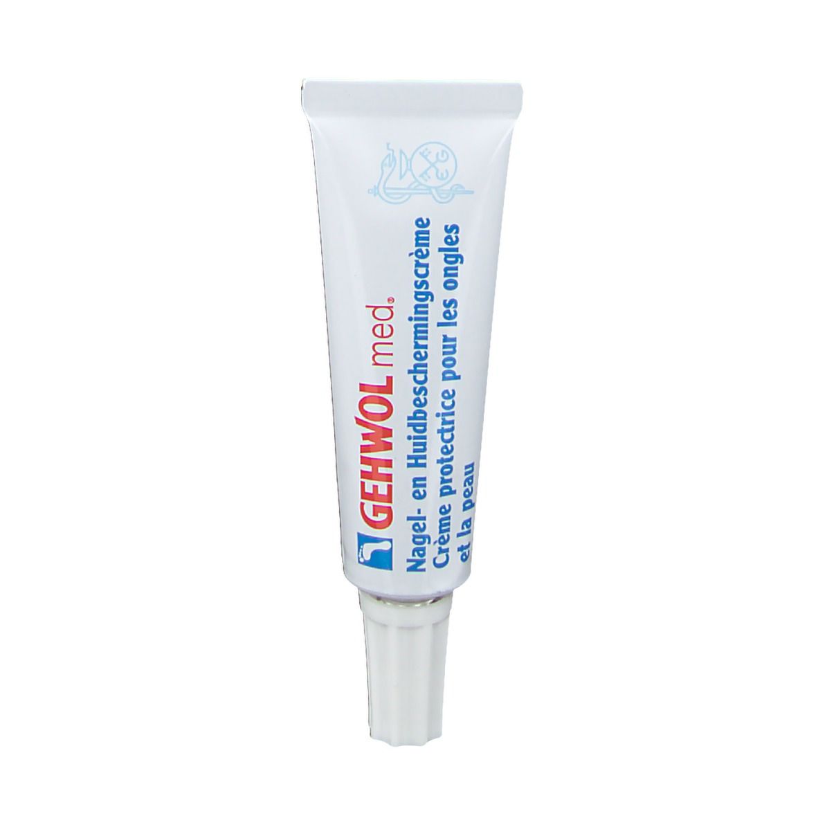 Tube de crème GEHWOL med. Nagel- und Hautschutzcreme. Tube blanc, texte bleu et bouchon à vis.