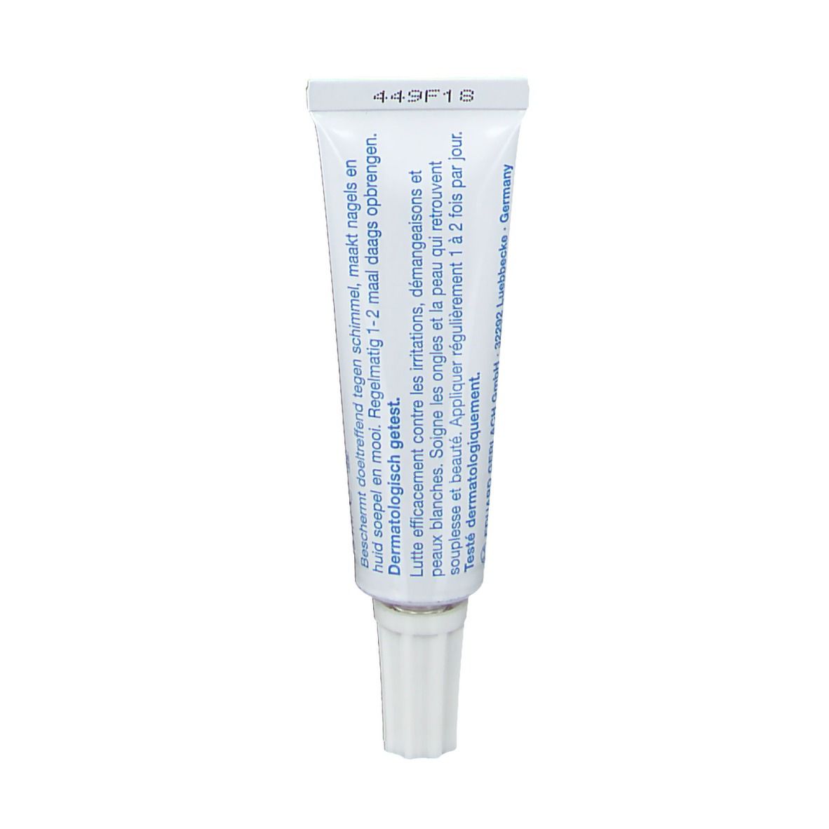Dos du tube de crème avec texte. Informations sur l'utilisation et les ingrédients. Fond blanc.