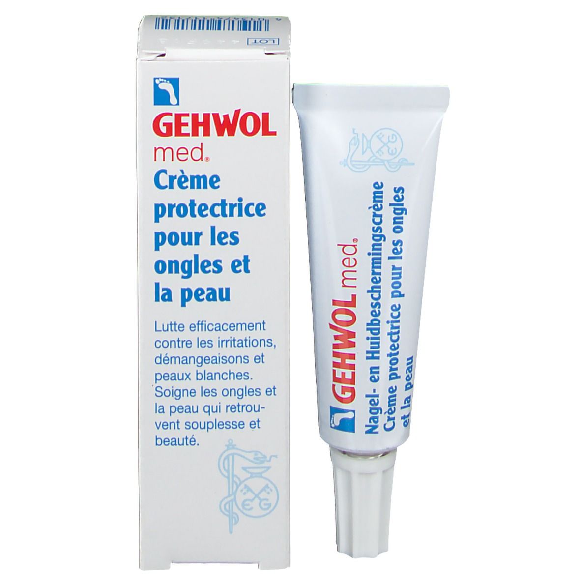 Emballage du produit avec tube et boîte. Boîte avec impression GEHWOL med. et informations. Tube à côté.
