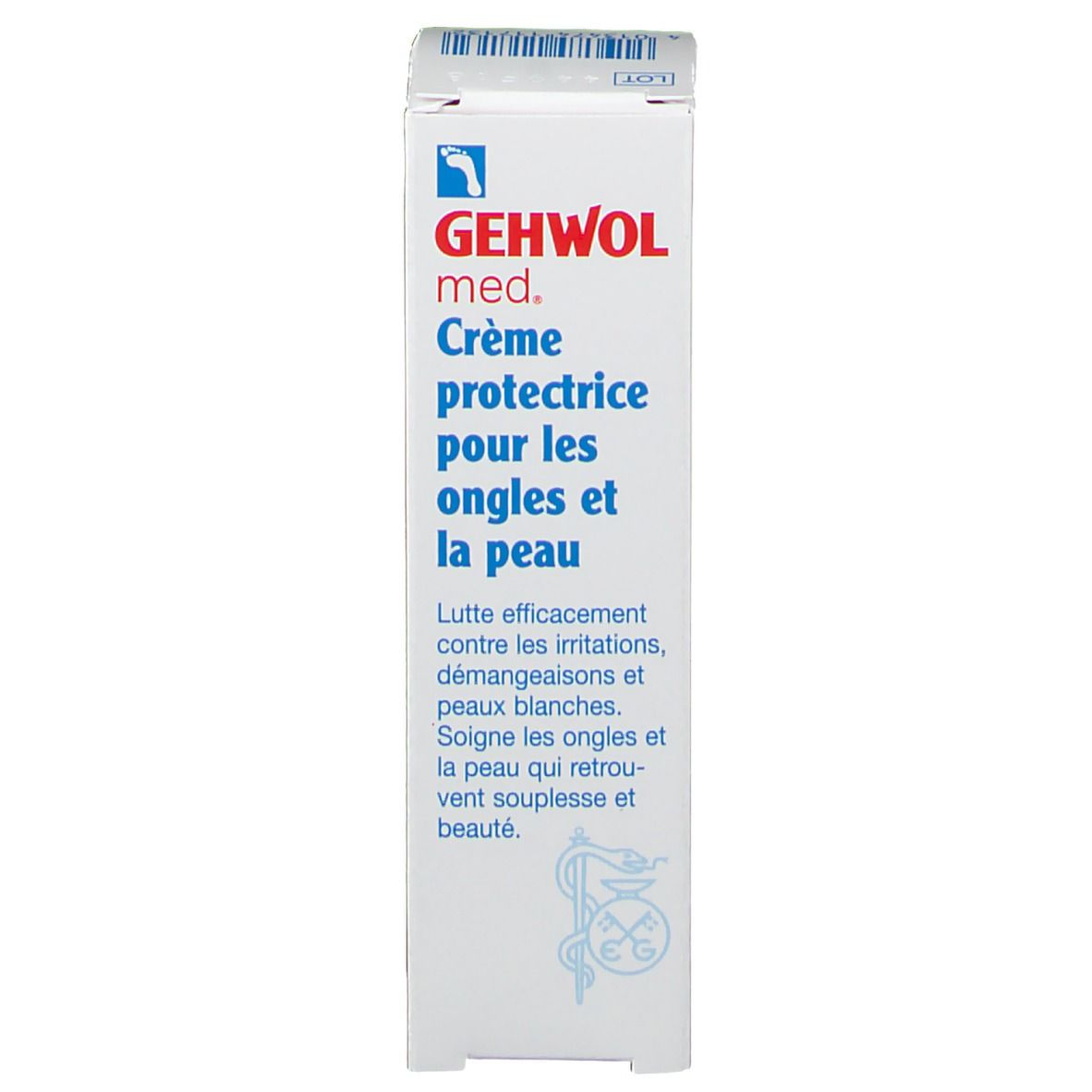 Emballage en carton avec impression GEHWOL med. Contient le nom du produit et des informations. Carton blanc, texte bleu.