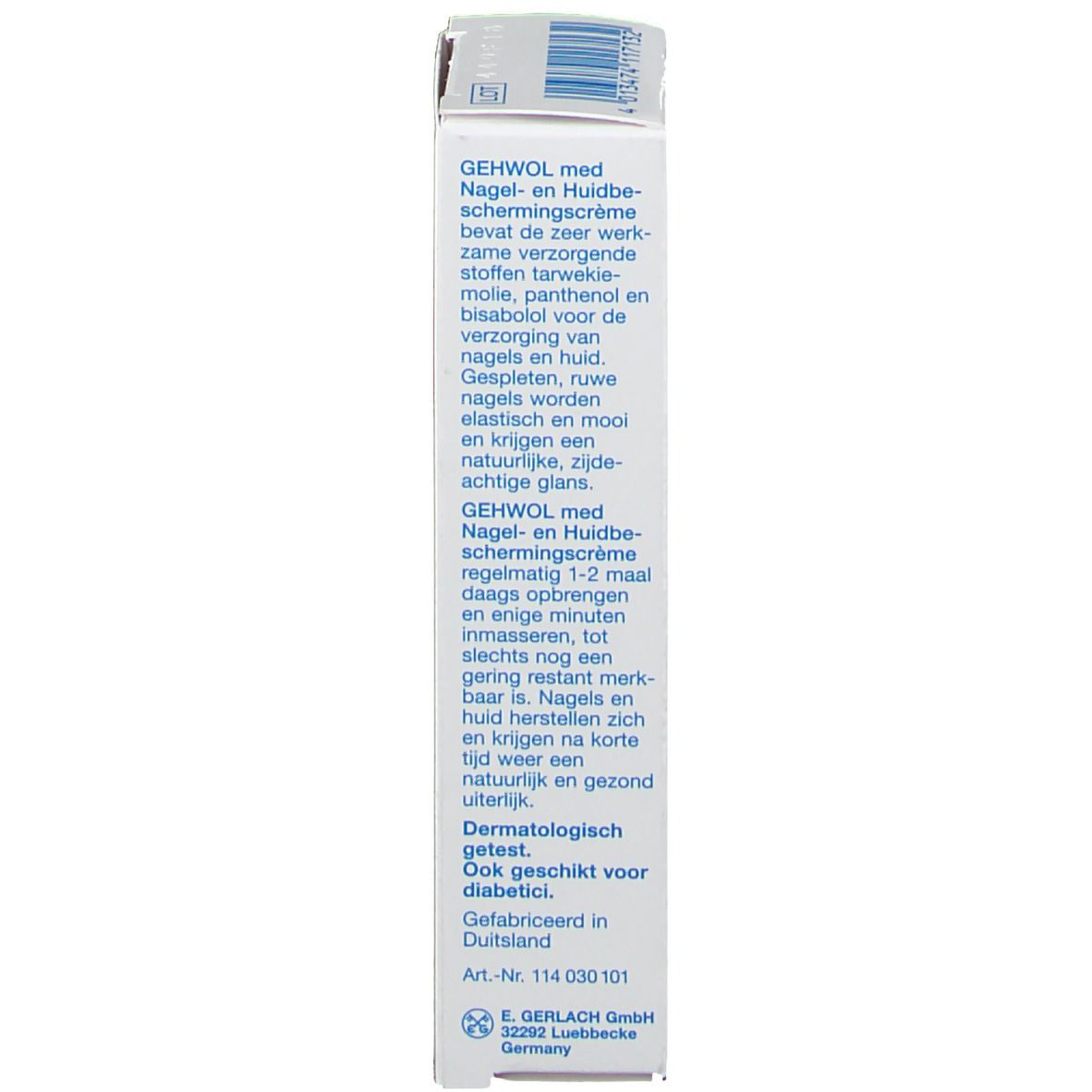 Vue latérale de l'emballage en carton. Informations textuelles sur le produit. Carton blanc, texte bleu.
