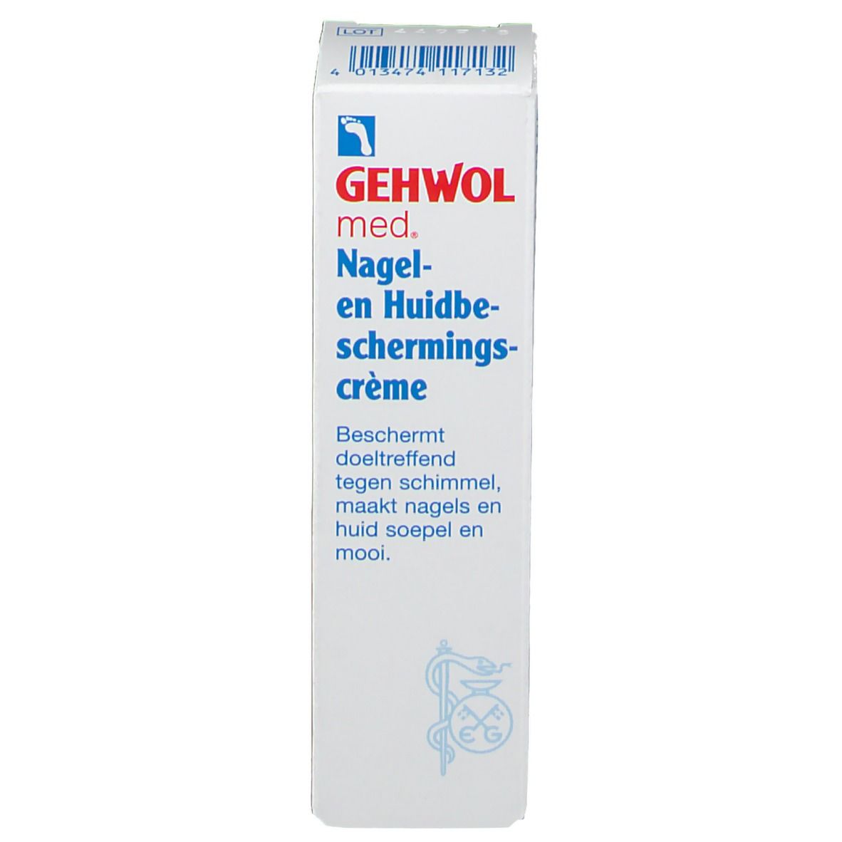 Emballage en carton avec GEHWOL med. Nagel- und Hautschutzcreme. Nom et description du produit. Carton blanc.