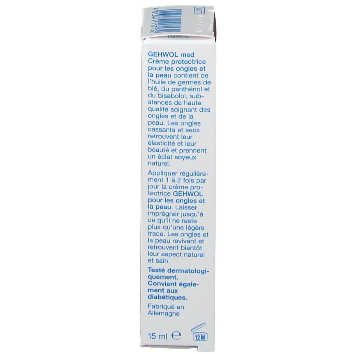 Dos de l'emballage en carton avec informations sur le produit. Contient les ingrédients et les instructions. Carton blanc.