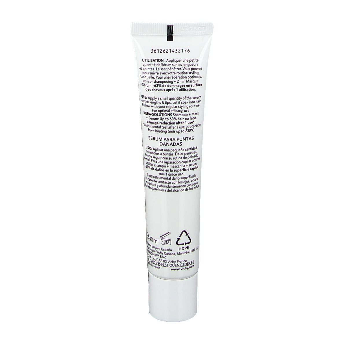 Tube blanc avec texte. Informations produit au dos. Fabricant : Vichy.
