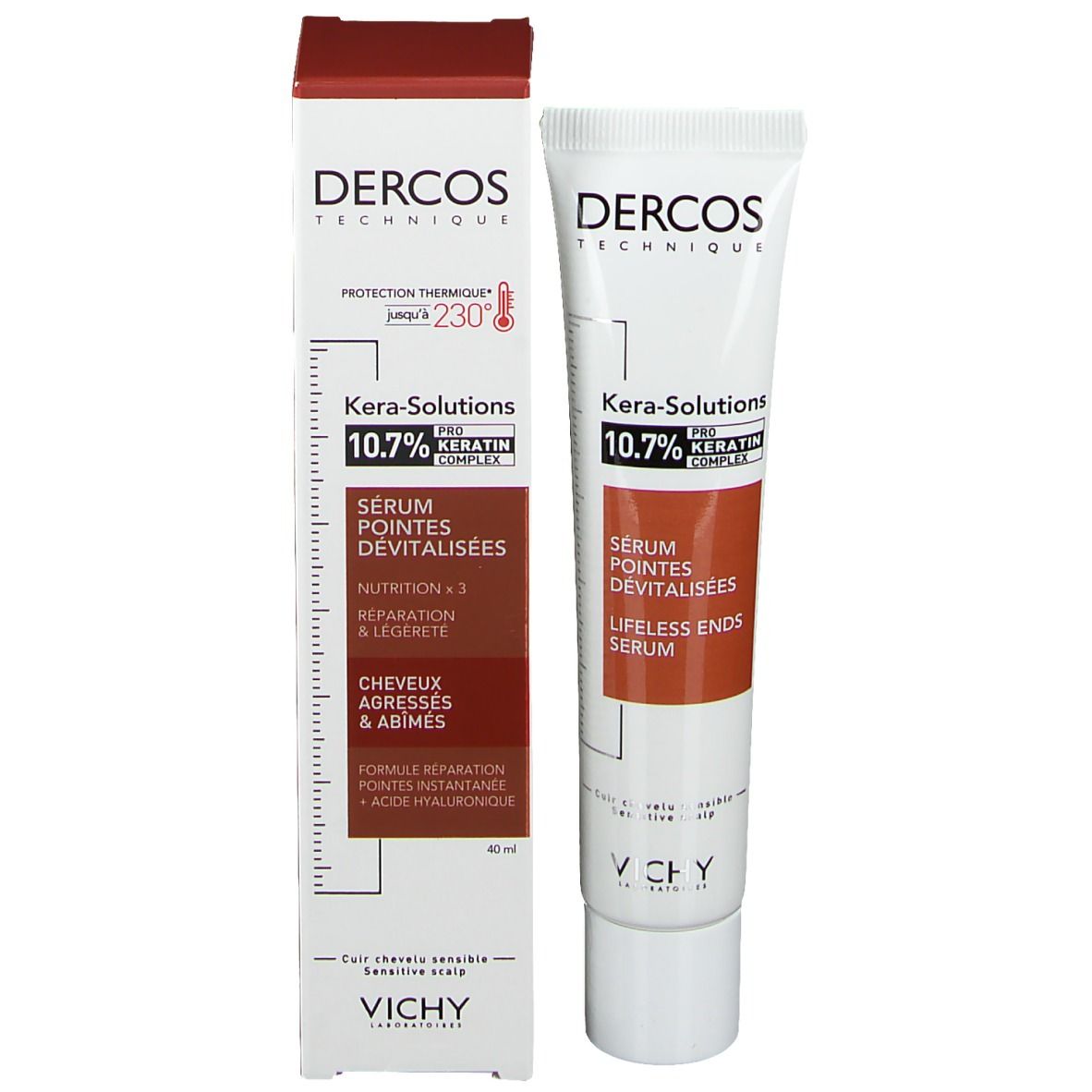 Sérum Vichy Dercos Kera-Solutions pour pointes abîmées. Tube et emballage.