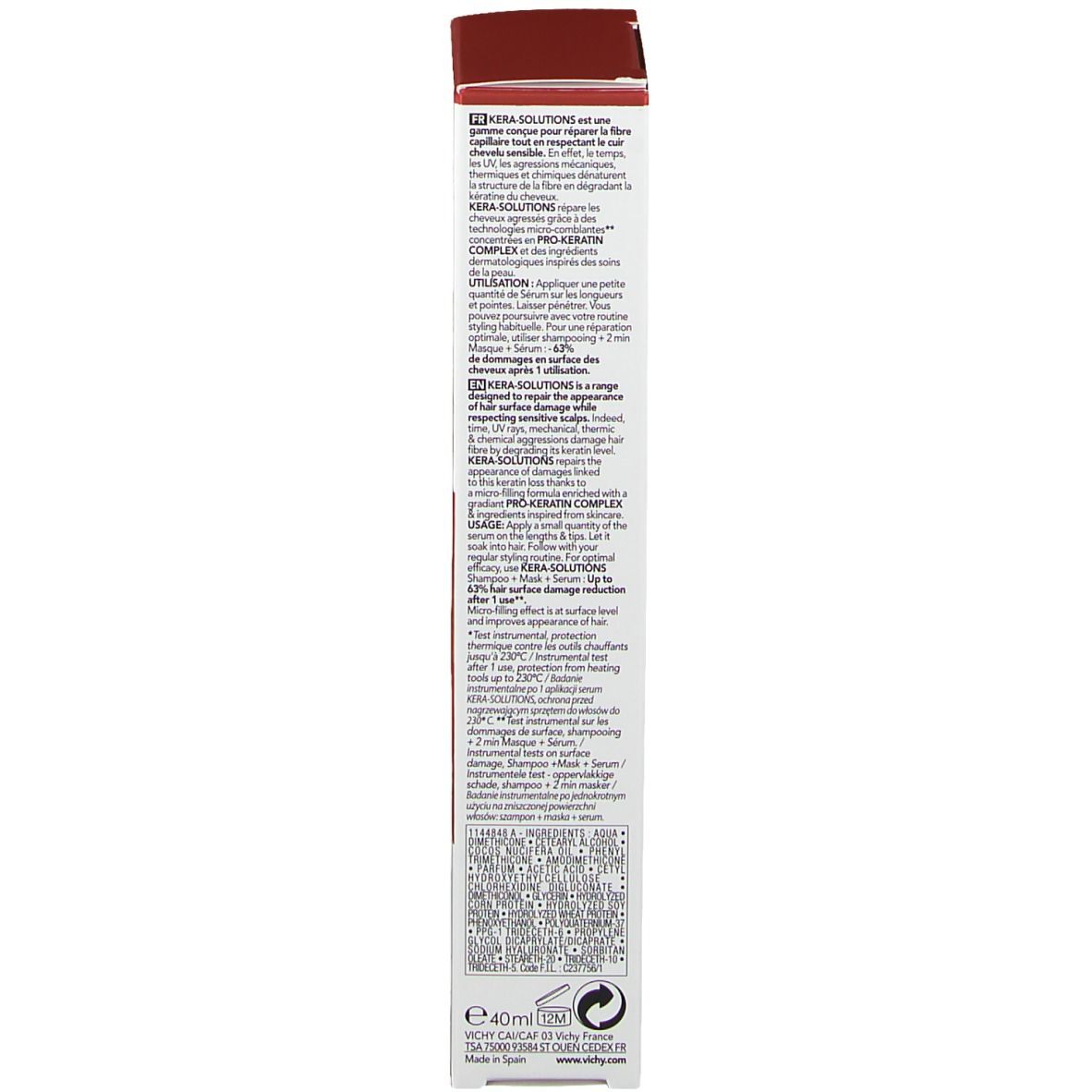 Emballage du sérum Vichy Dercos Kera-Solutions. Texte et informations.
