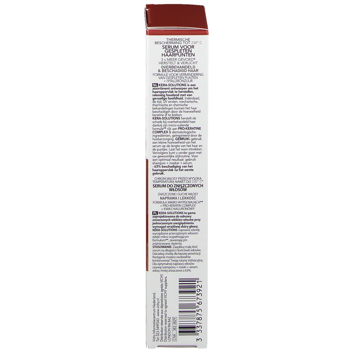 Emballage du sérum Vichy Dercos Kera-Solutions. Texte et informations.