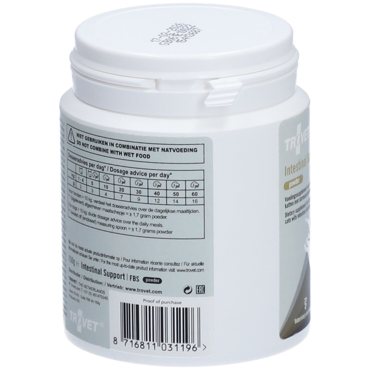 Rückseite der weißen Dose. Text mit Dosierungsempfehlungen und Barcode. Aufschrift: TROVET Intestinal Support FBS.