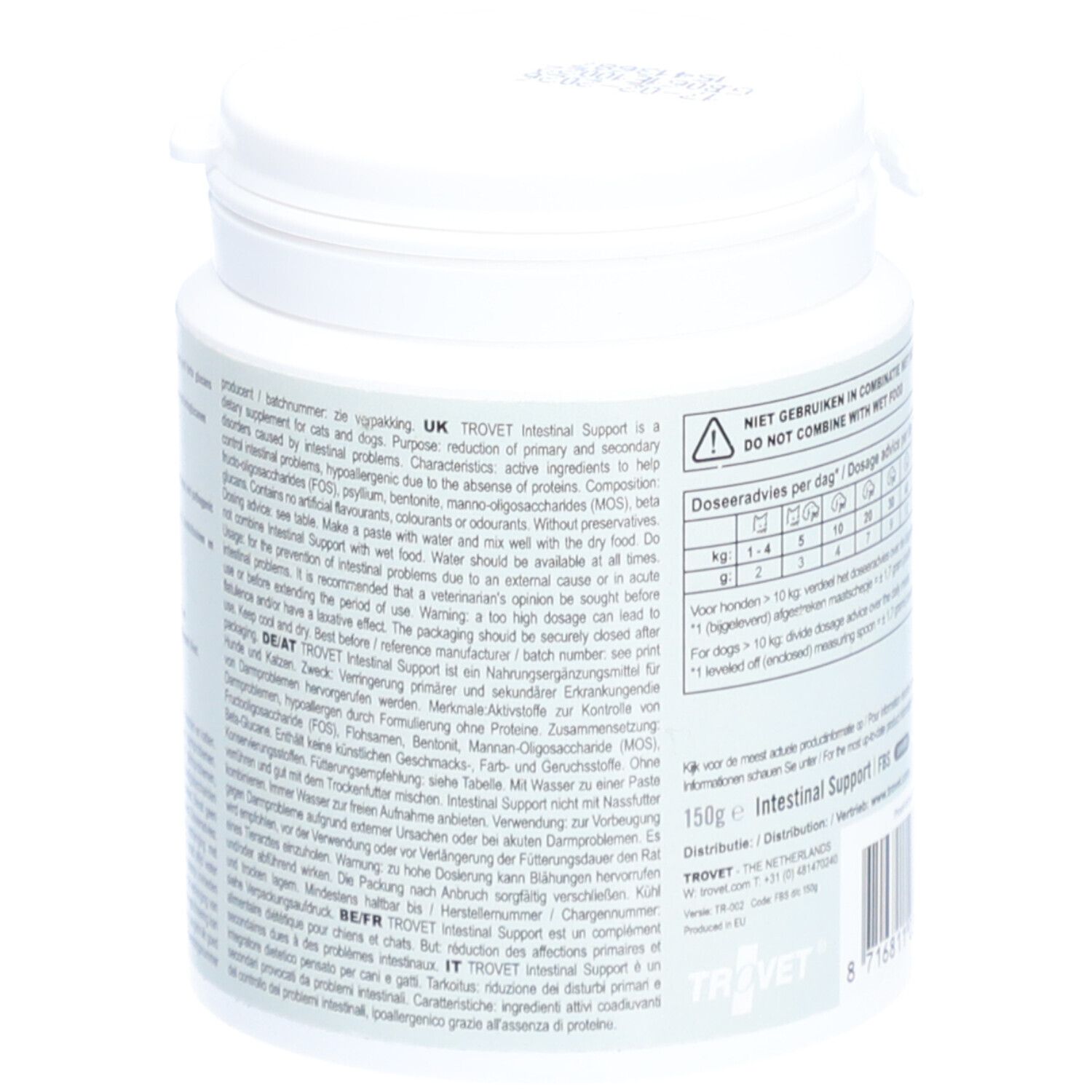 Weiße Dose mit Text. Aufschrift: TROVET Intestinal Support FBS. Text über Inhaltsstoffe und Anwendung. Barcode.