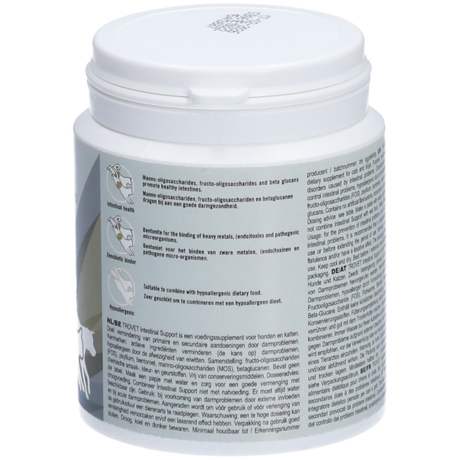 Weiße Dose mit Text und Illustrationen. Aufschrift: TROVET Intestinal Support FBS. Text über Inhaltsstoffe und Anwendung.