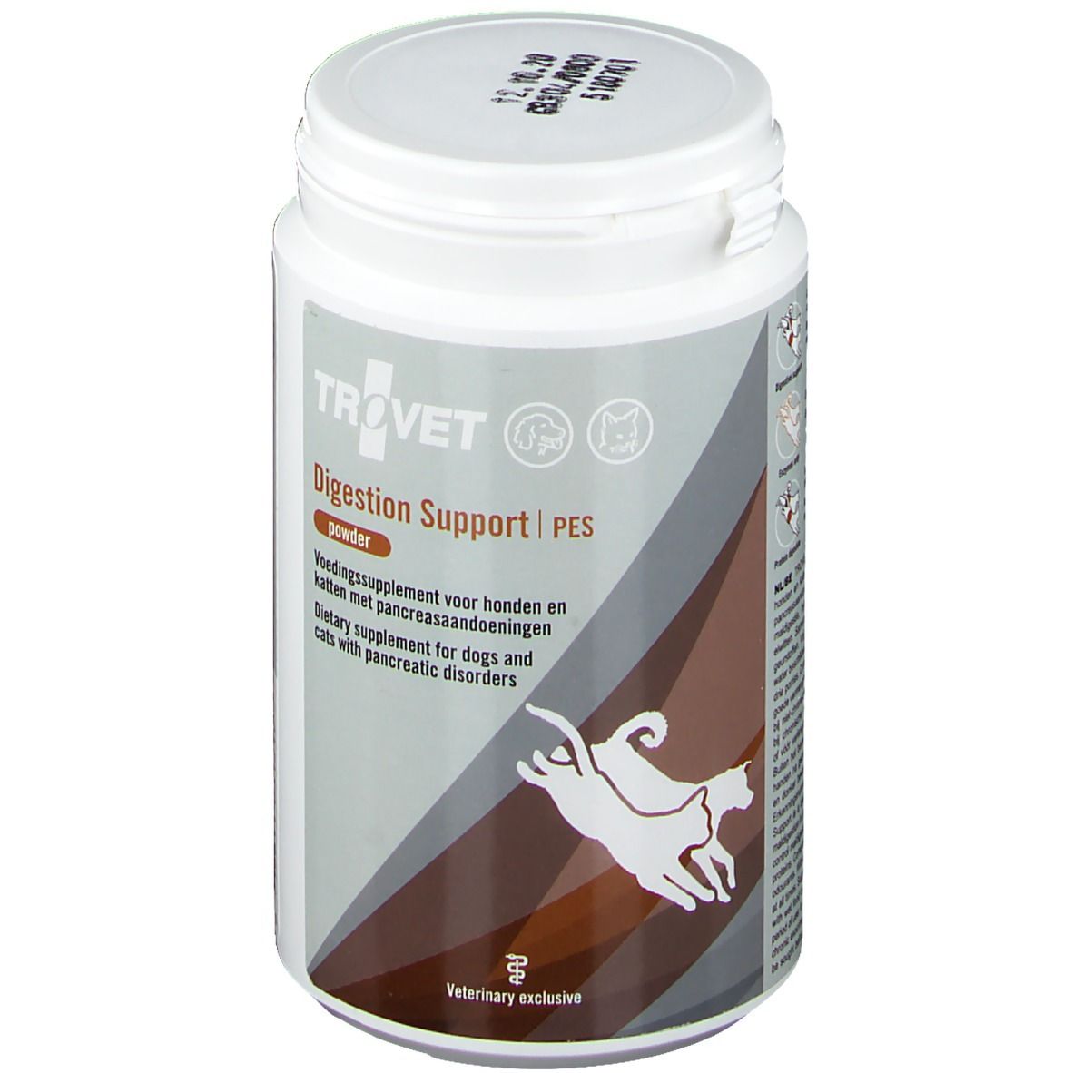 Weiße Dose mit TROVET-Etikett. Aufschrift: Digestion Support PES, Pulver. Enthält ein Katzen- und Hundesymbol.