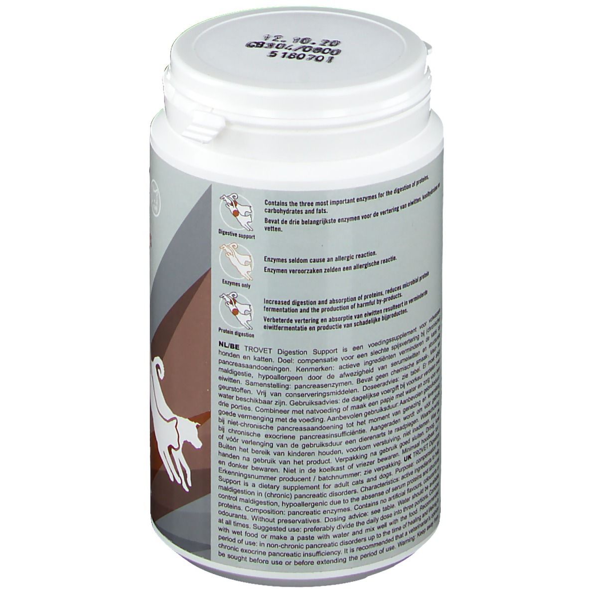 Rückseite der weißen Dose. Text in mehreren Sprachen. Enthält Informationen zur Verdauung und Enzymen.