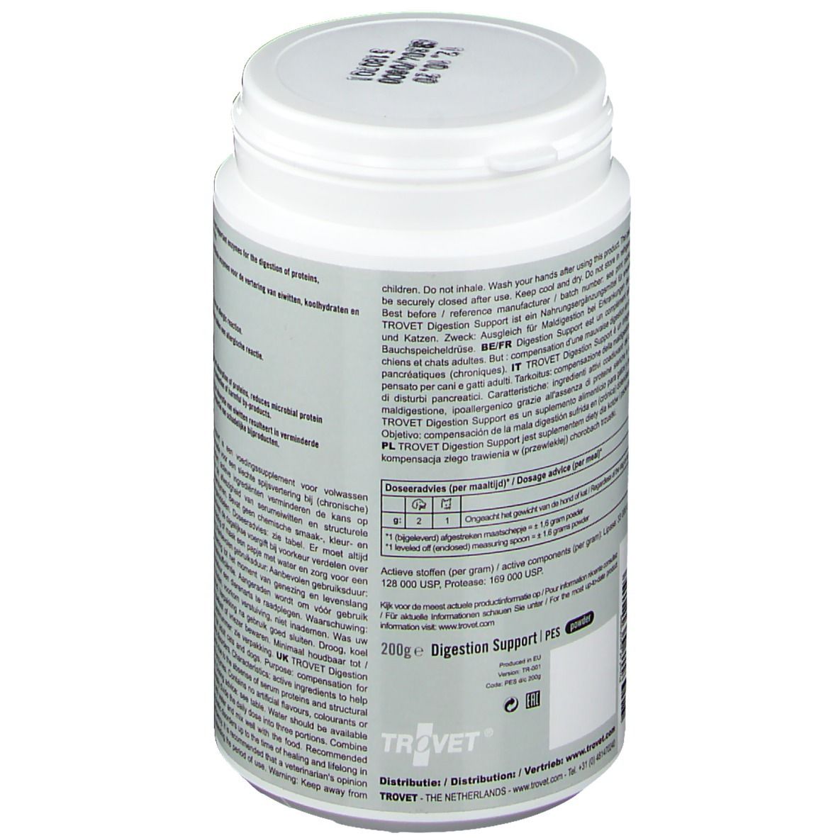 Rückseite der weißen Dose. Text in mehreren Sprachen. Enthält Informationen zur Dosierung und Inhaltsstoffen.