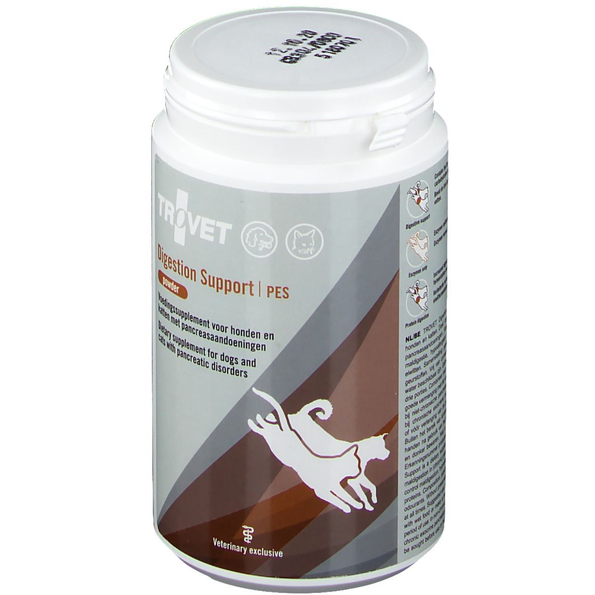 Weiße Dose mit TROVET-Etikett. Aufschrift: Digestion Support PES, Pulver. Enthält ein Katzen- und Hundesymbol.